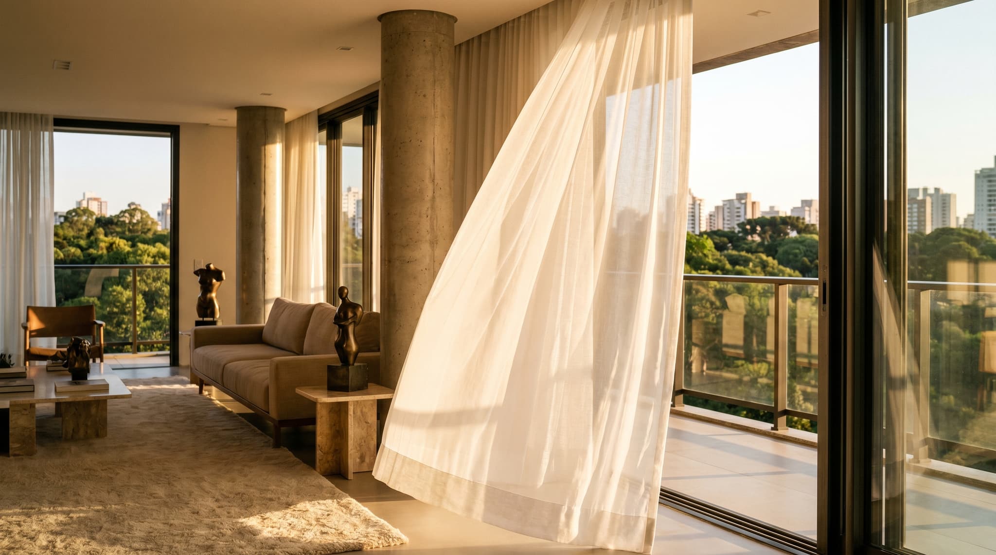 Interior de um imóvel de alto padrão em Curitiba, com luz suave e acabamento sofisticado