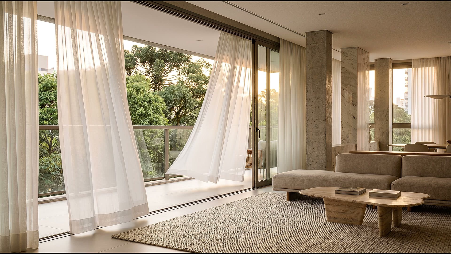 Sala de um apartamento decorado de alto padrão, com cortinas de linho ao vento e vista para a copa das árvores ao entardecer