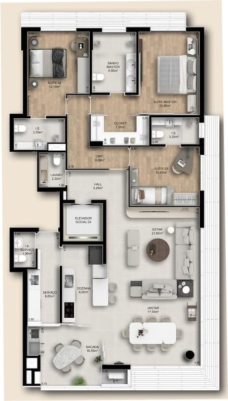 Planta da tipologia Apartamento 164 m²