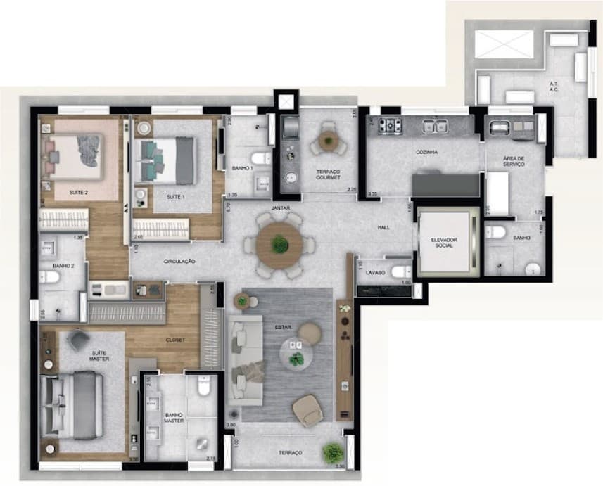 Planta da tipologia 3 suítes (AP 03) · 132 m²