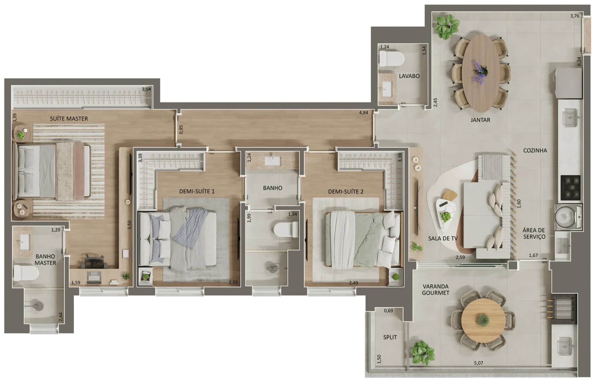 Planta da tipologia 3 dormitórios (1 suíte) · 97,59 m²