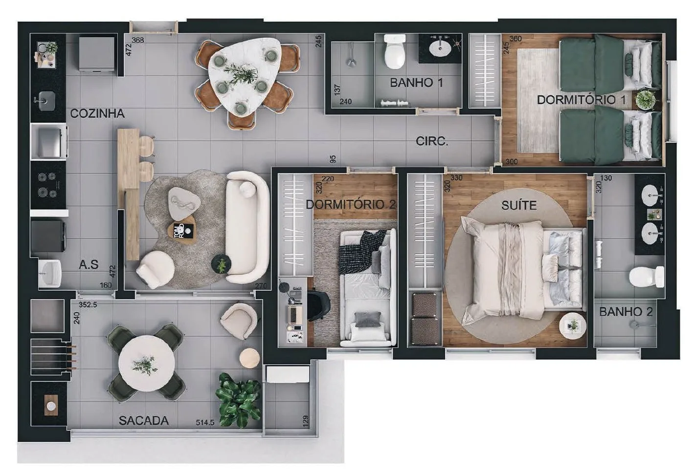 Planta da tipologia 3 dormitórios (1 suíte) · 83 m²