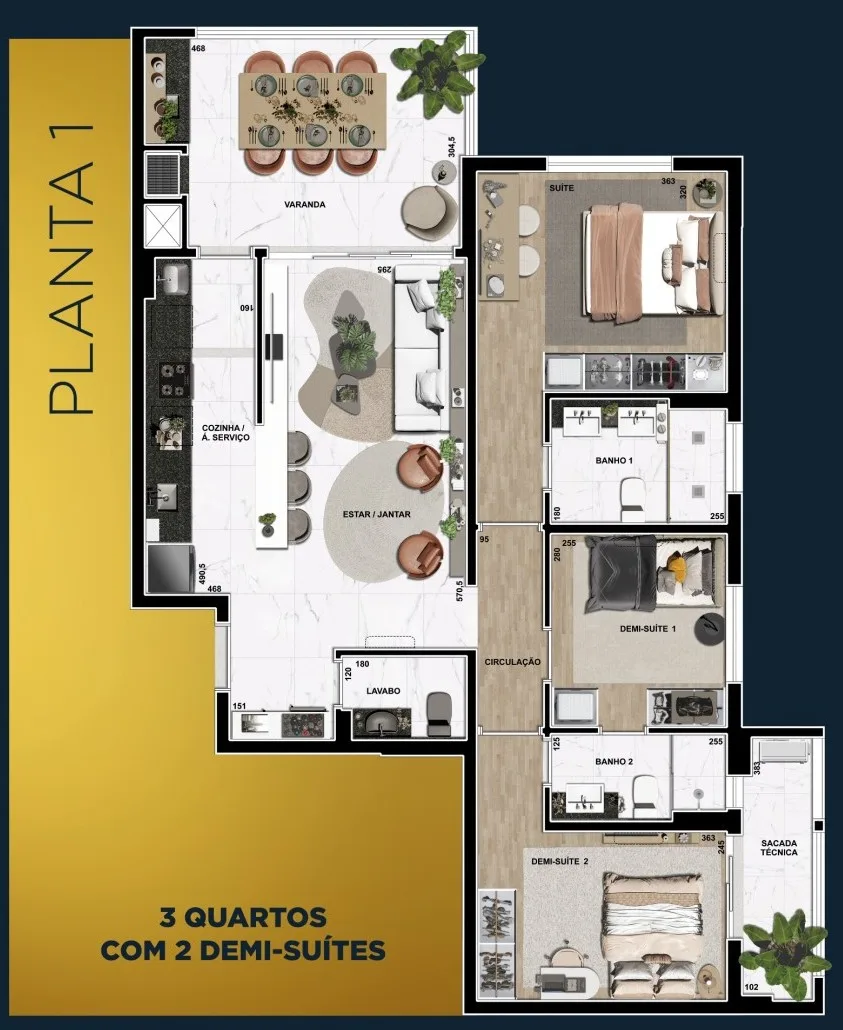 Planta da tipologia 3 dormitórios (1 suíte) · 103,70 m²