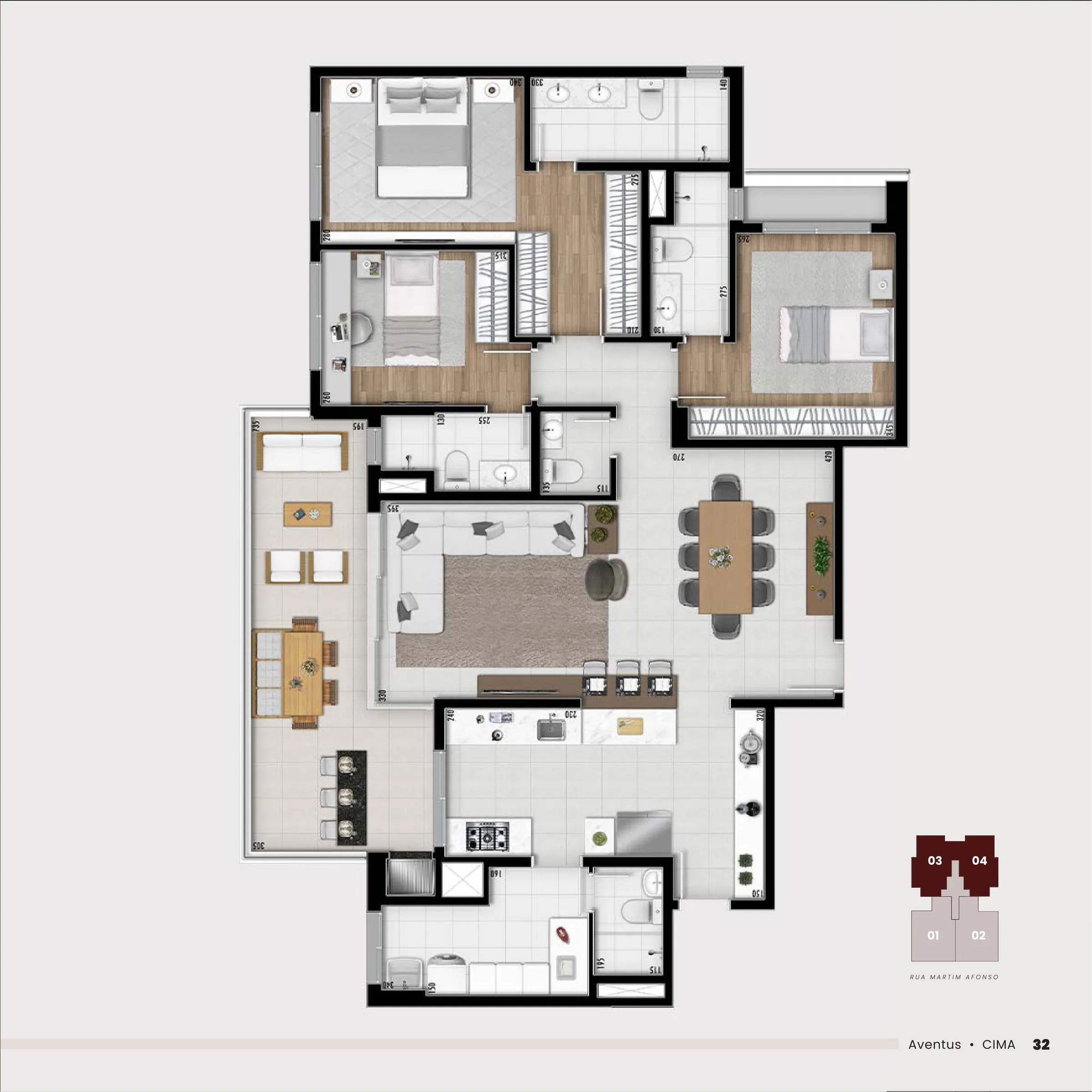 Planta da tipologia Aventus Tramonto — 3 suítes 141 m²