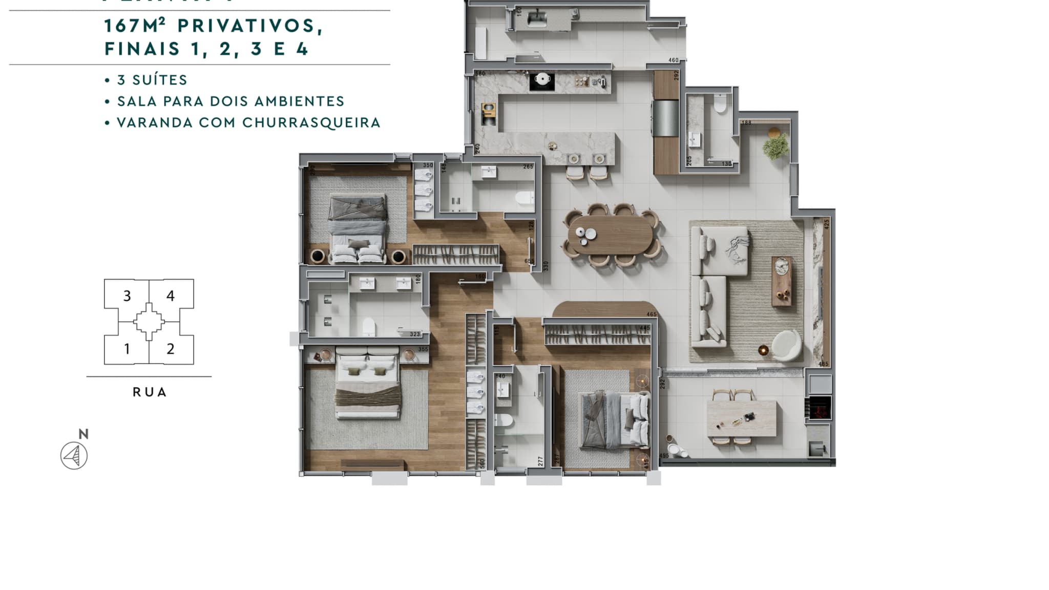 Planta da tipologia Tipo · 3 suítes · 167 m²