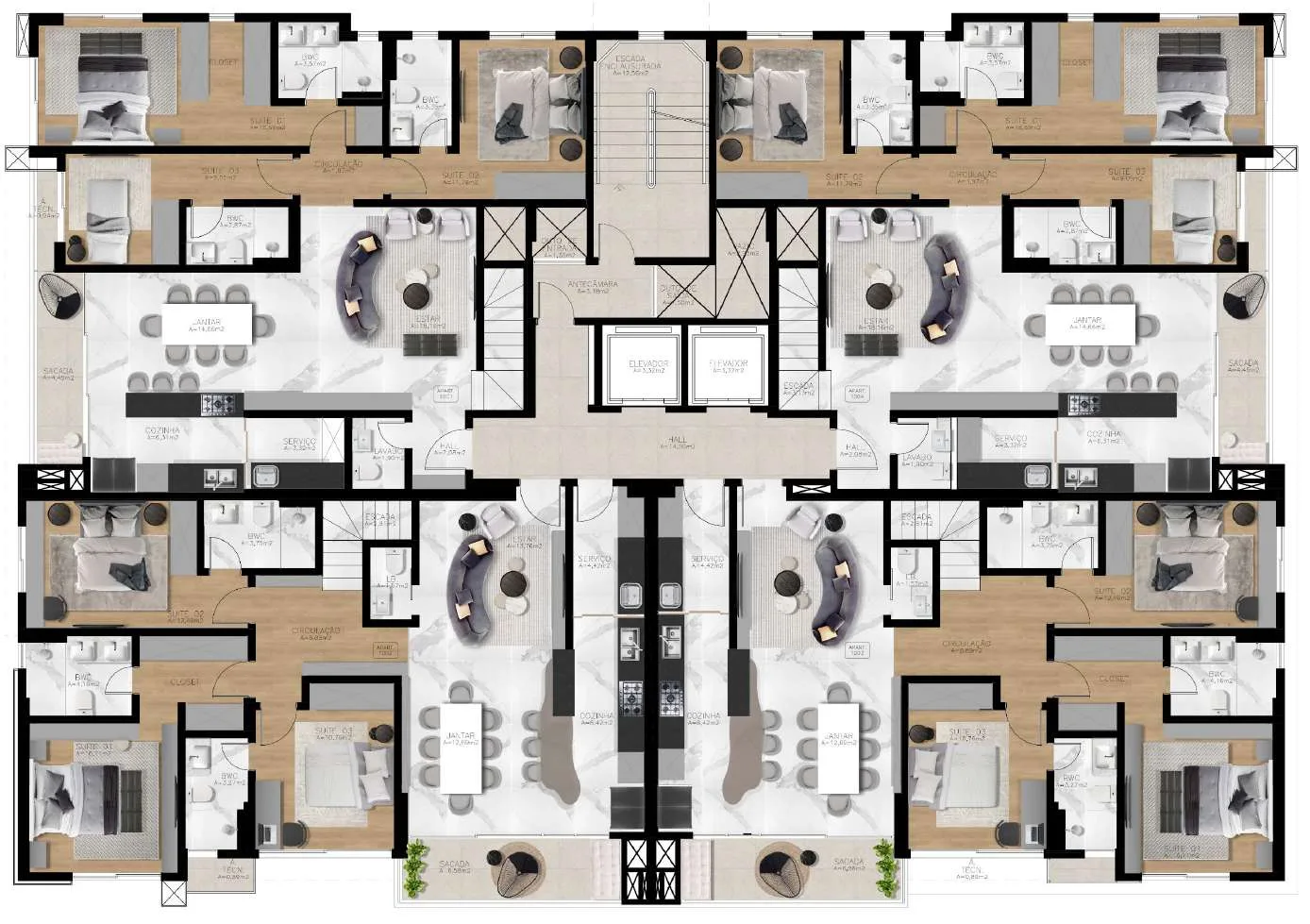 Planta da tipologia Cobertura Duplex 249,54 m² — Pavimento inferior