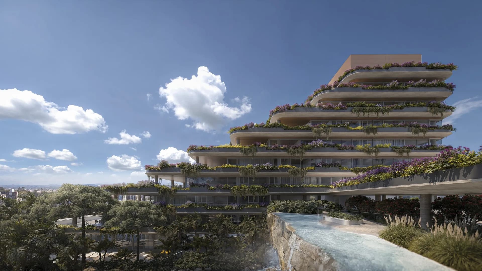 Ícaro Casa-Térrea, torres com varandas em cascata verde, por Greg Bousquet