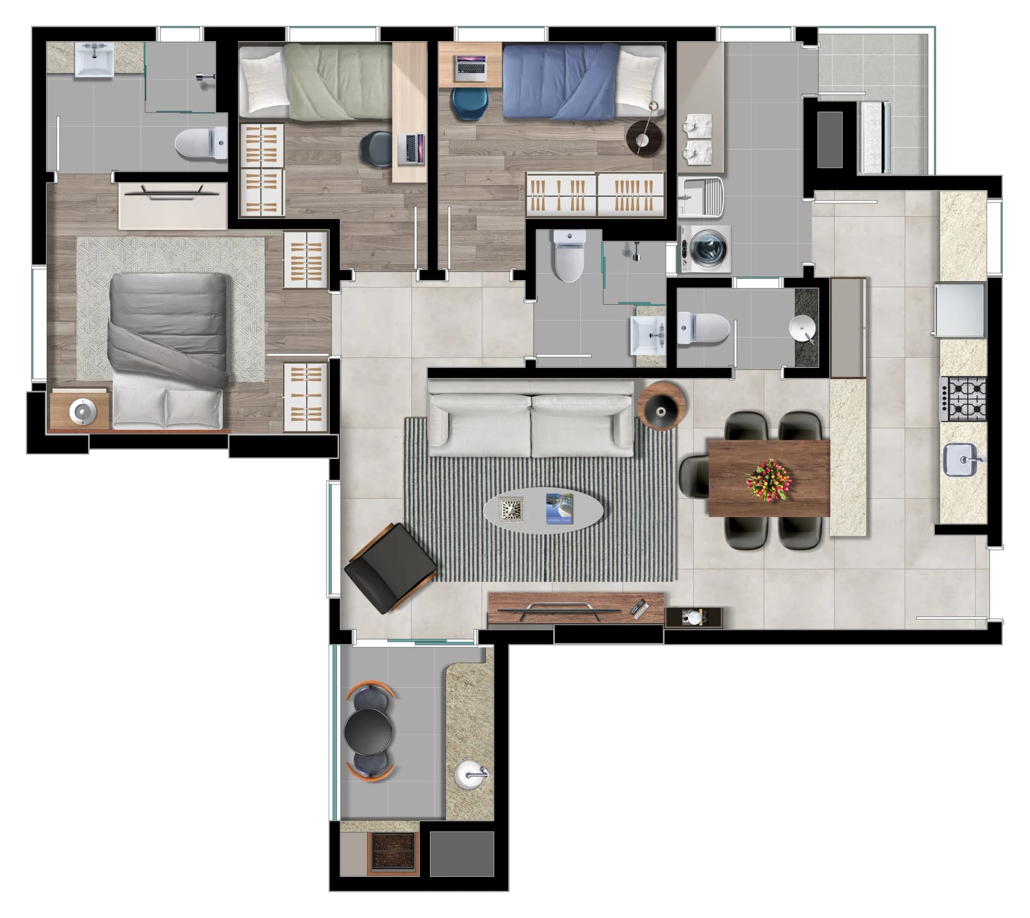 Planta da tipologia Tipo E — 92,94 m² (Torres 1 e 2, finais 02 e 03)