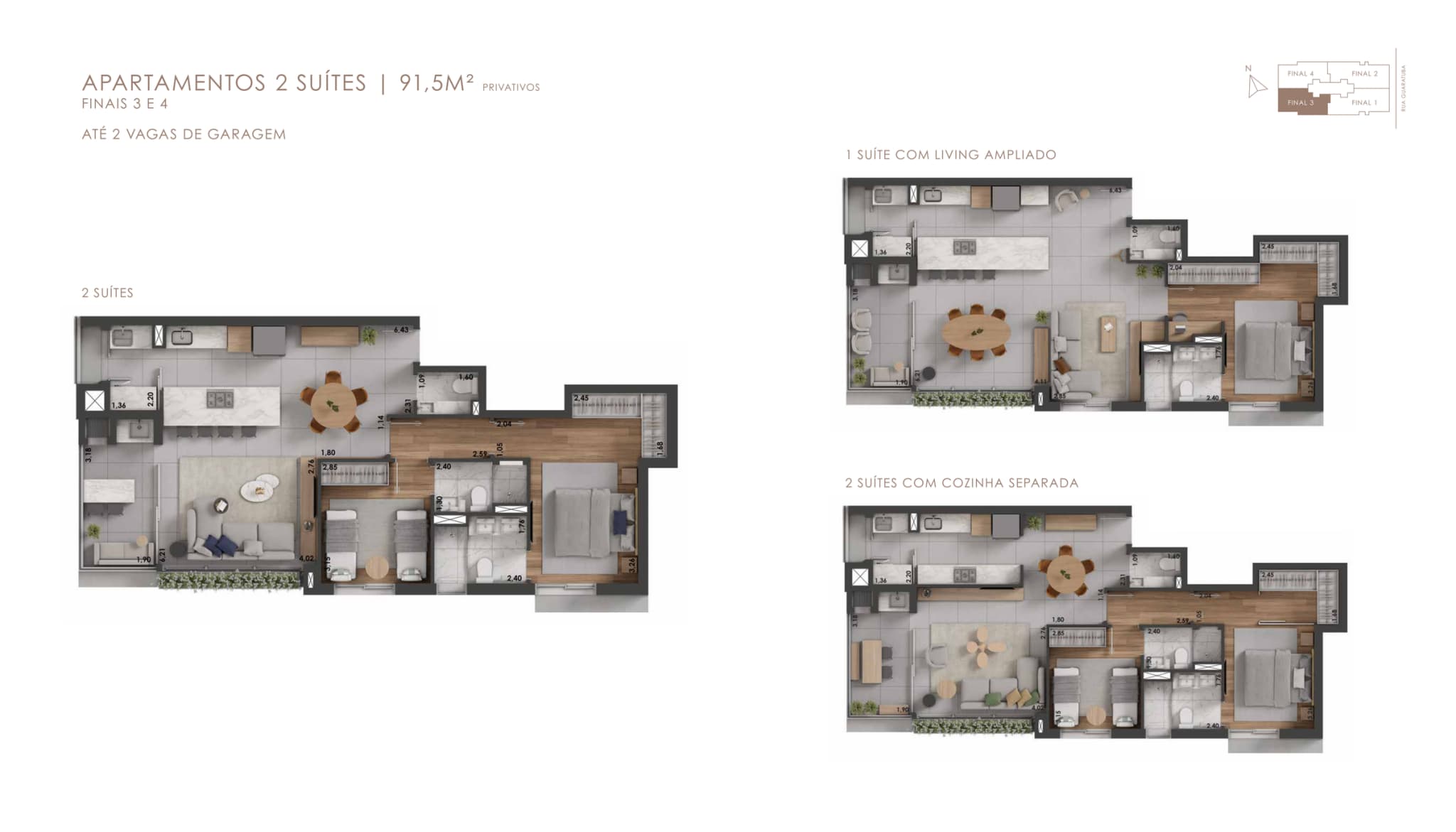 Planta da tipologia Apartamento 91,5 m² — 2 suítes (finais 3 e 4)