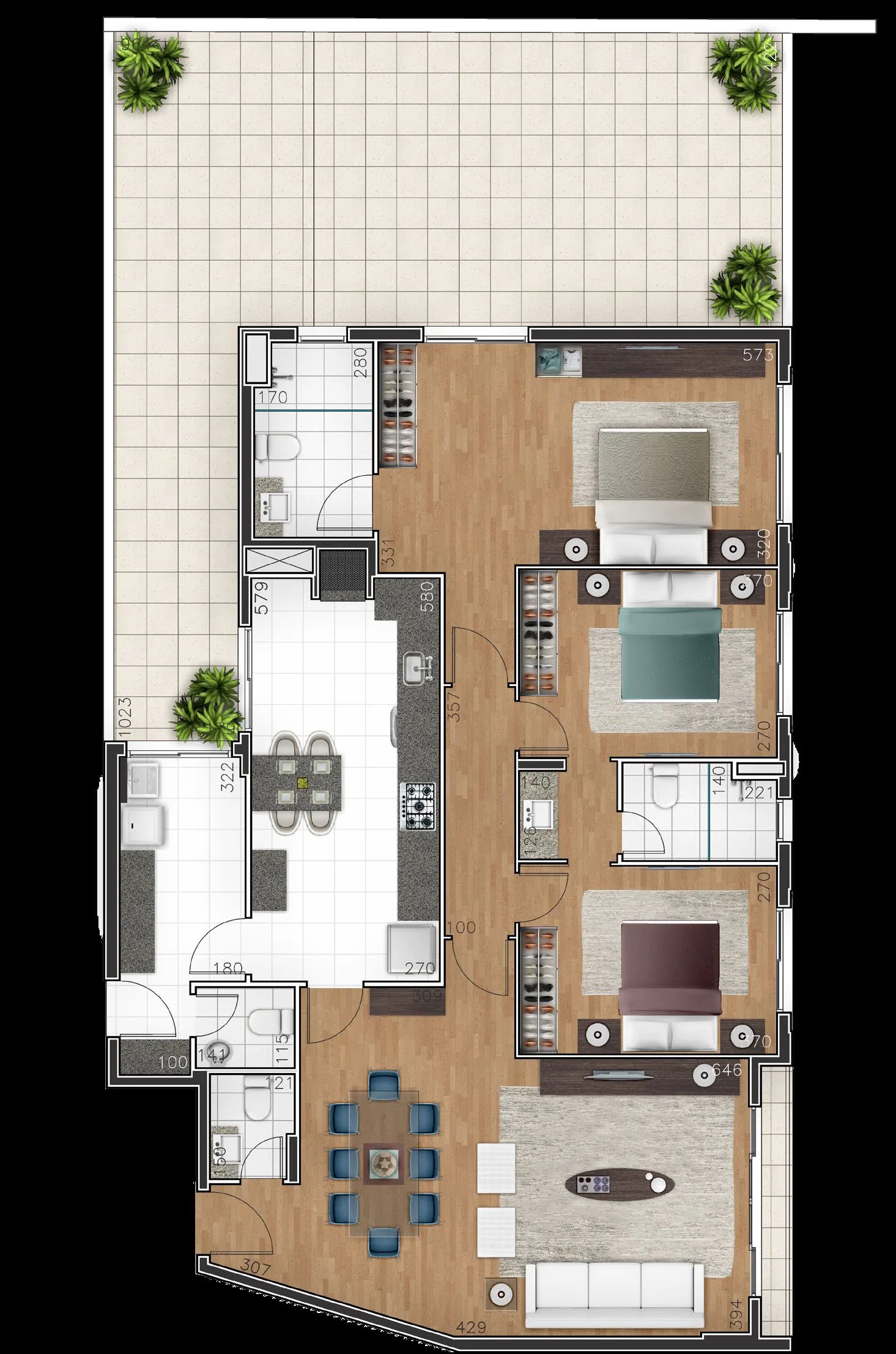Planta da tipologia Garden 127,58 m²
