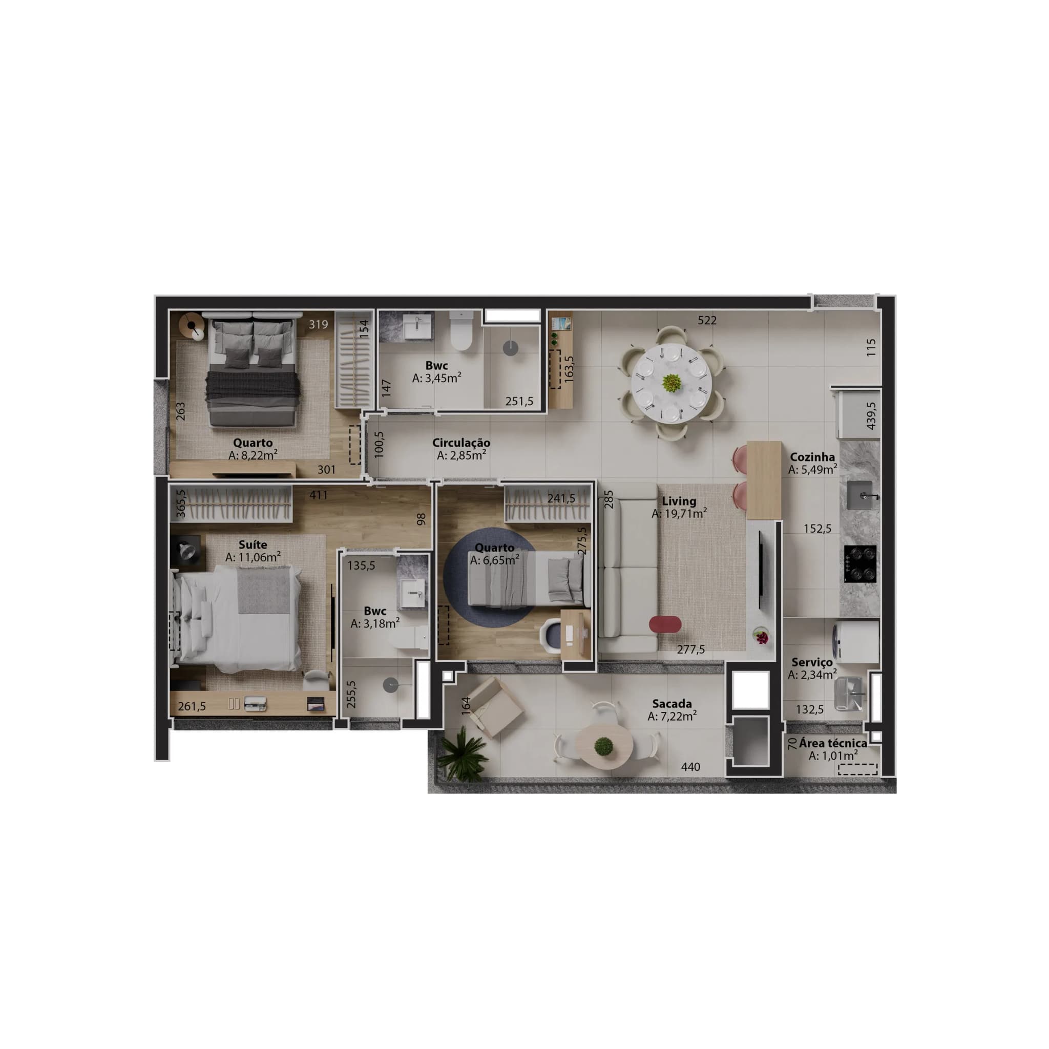 Planta da tipologia Apartamento 85 m² · 3 quartos (1 suíte)