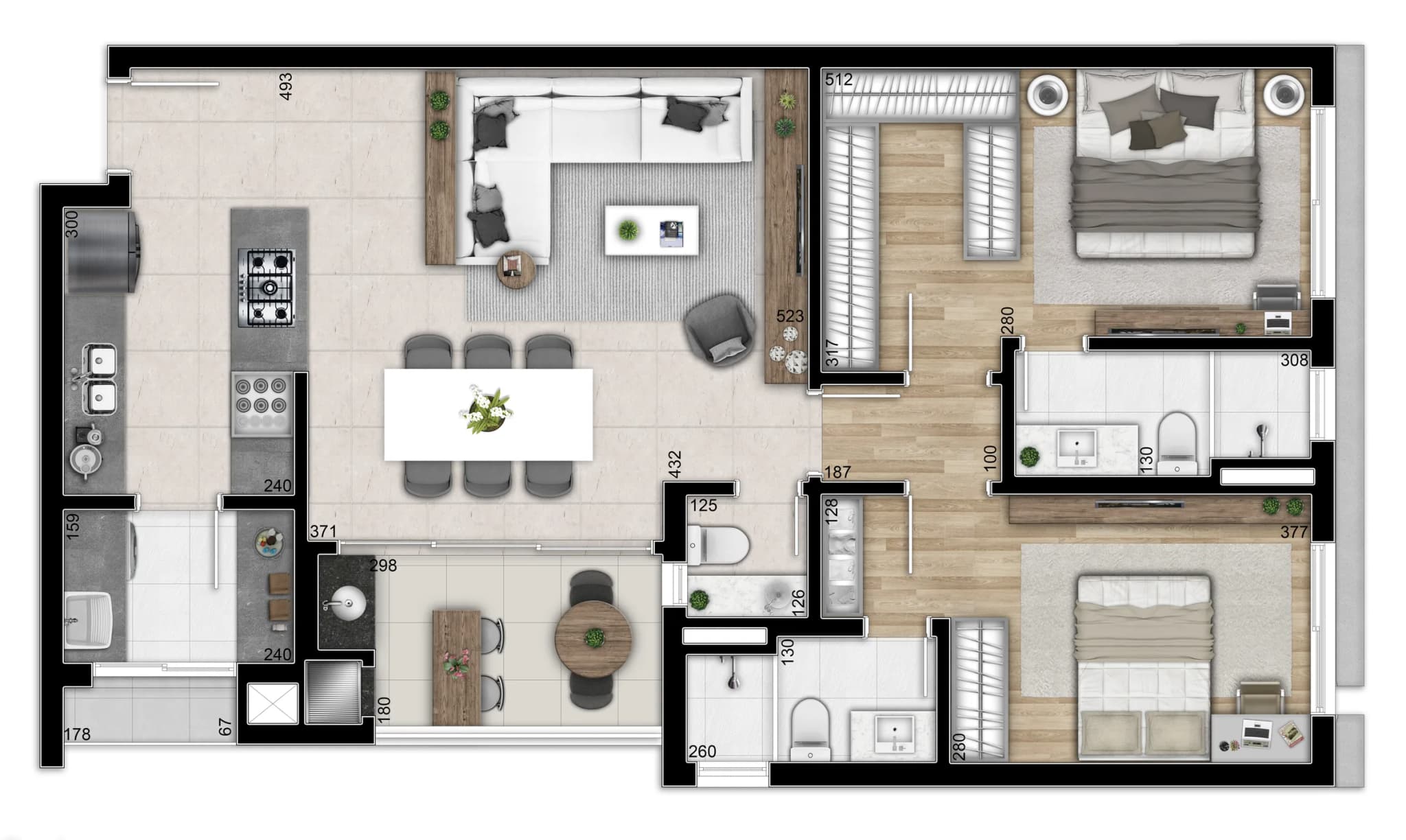 Planta da tipologia Apartamento 508 — Tipo Final 08, 2 suítes
