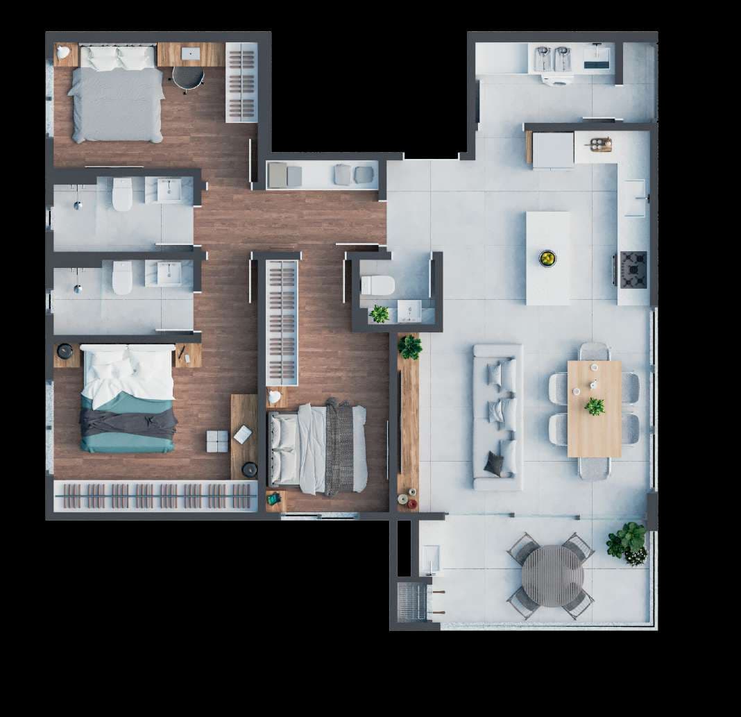 Planta da tipologia Apartamento 105 m² — 1 suíte + 2 quartos (unidade 203)