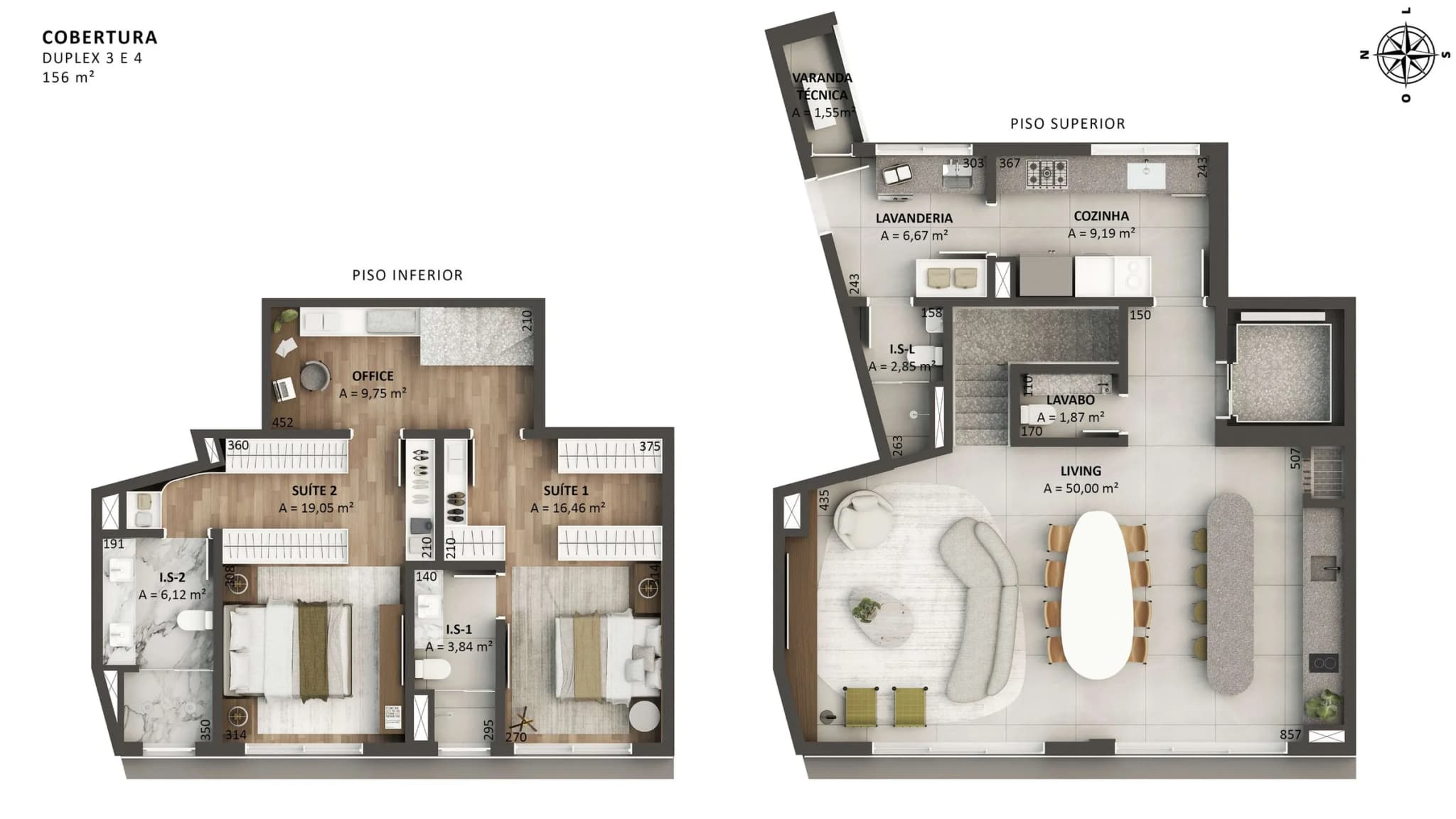 Planta da tipologia Cobertura Duplex — 156 m²
