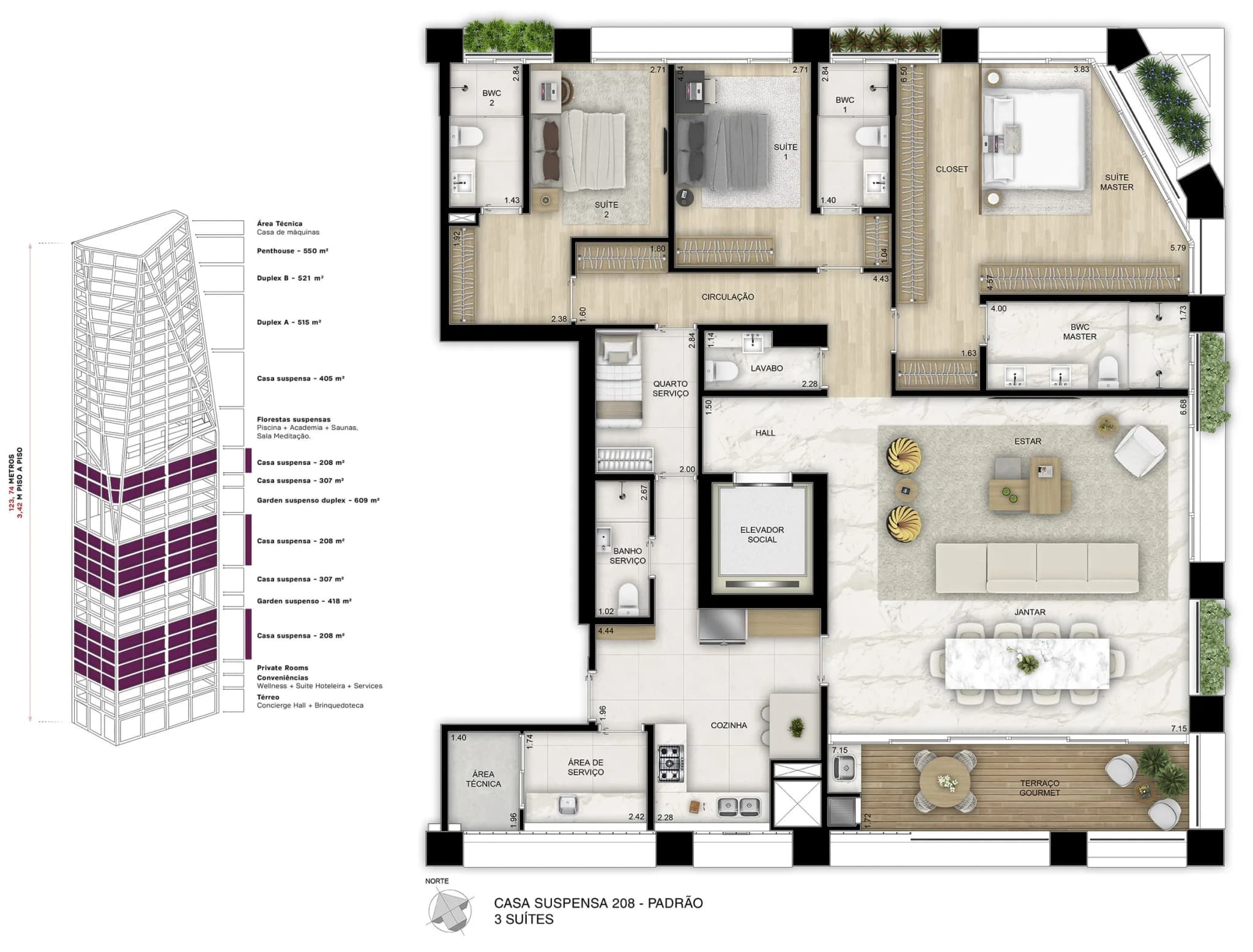 Planta da tipologia Casa Suspensa — 208 m² (Unidade 51)