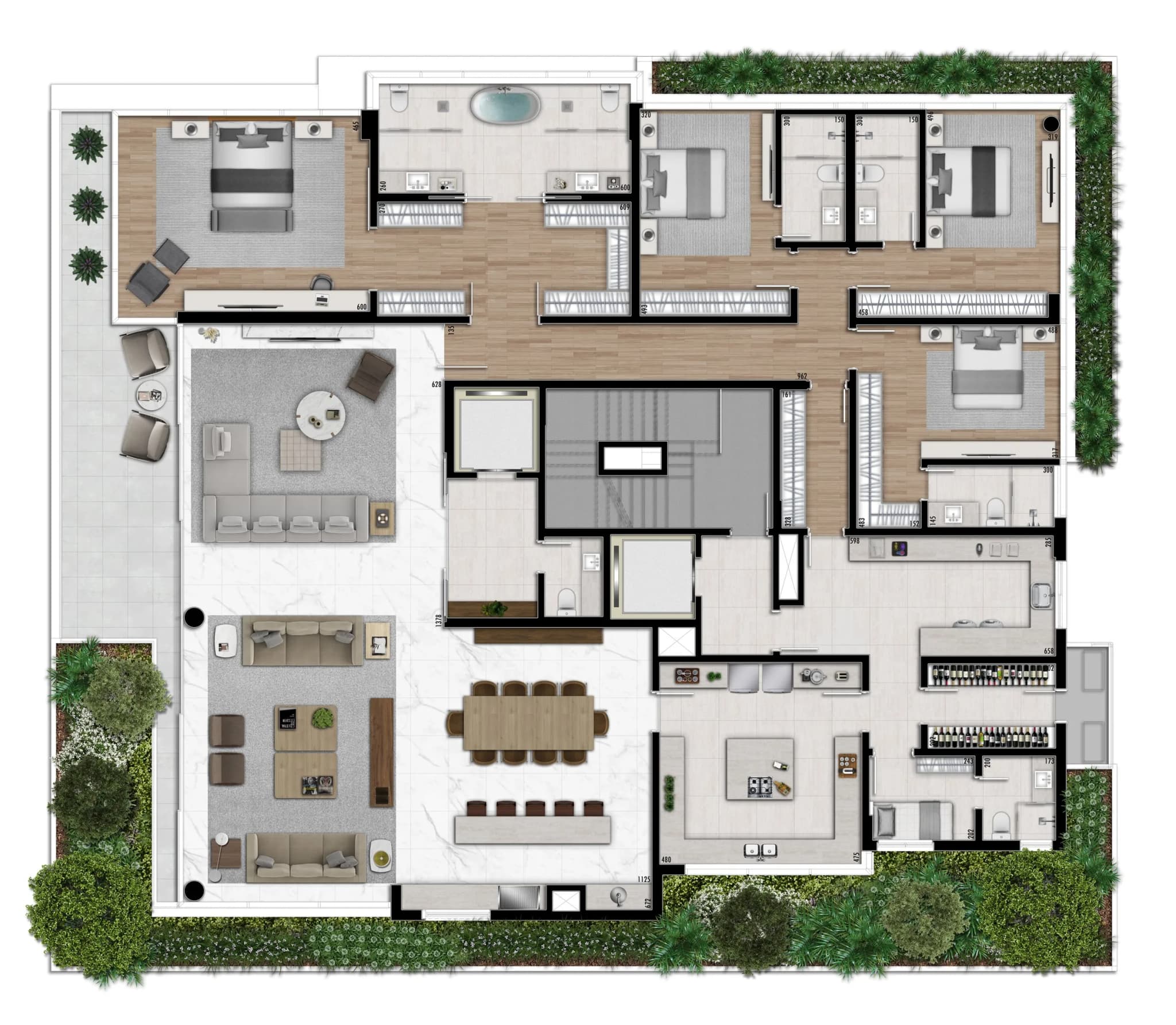 Planta da tipologia Torre A · 4 suítes · 414 m²