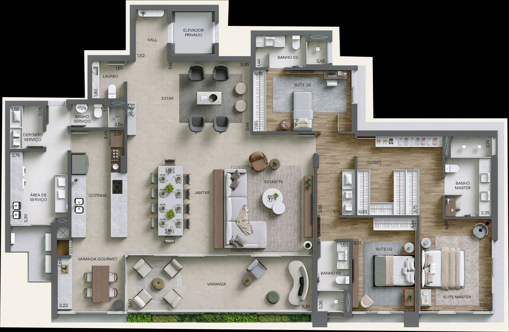 Planta da tipologia Apartamento Tipo 1 — 255 m²
