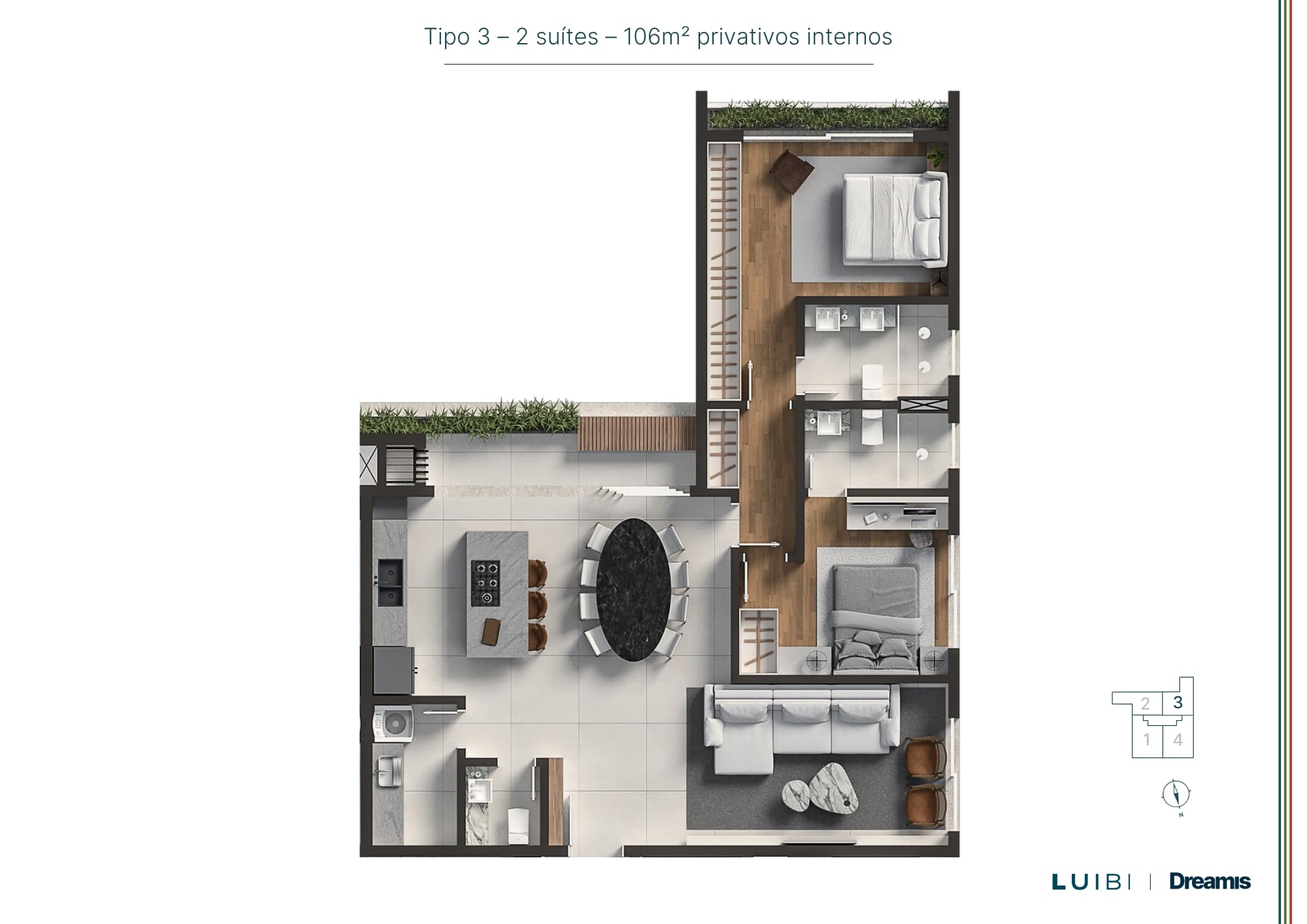 Planta da tipologia Tipo 3 · 2 suítes · 106 m²
