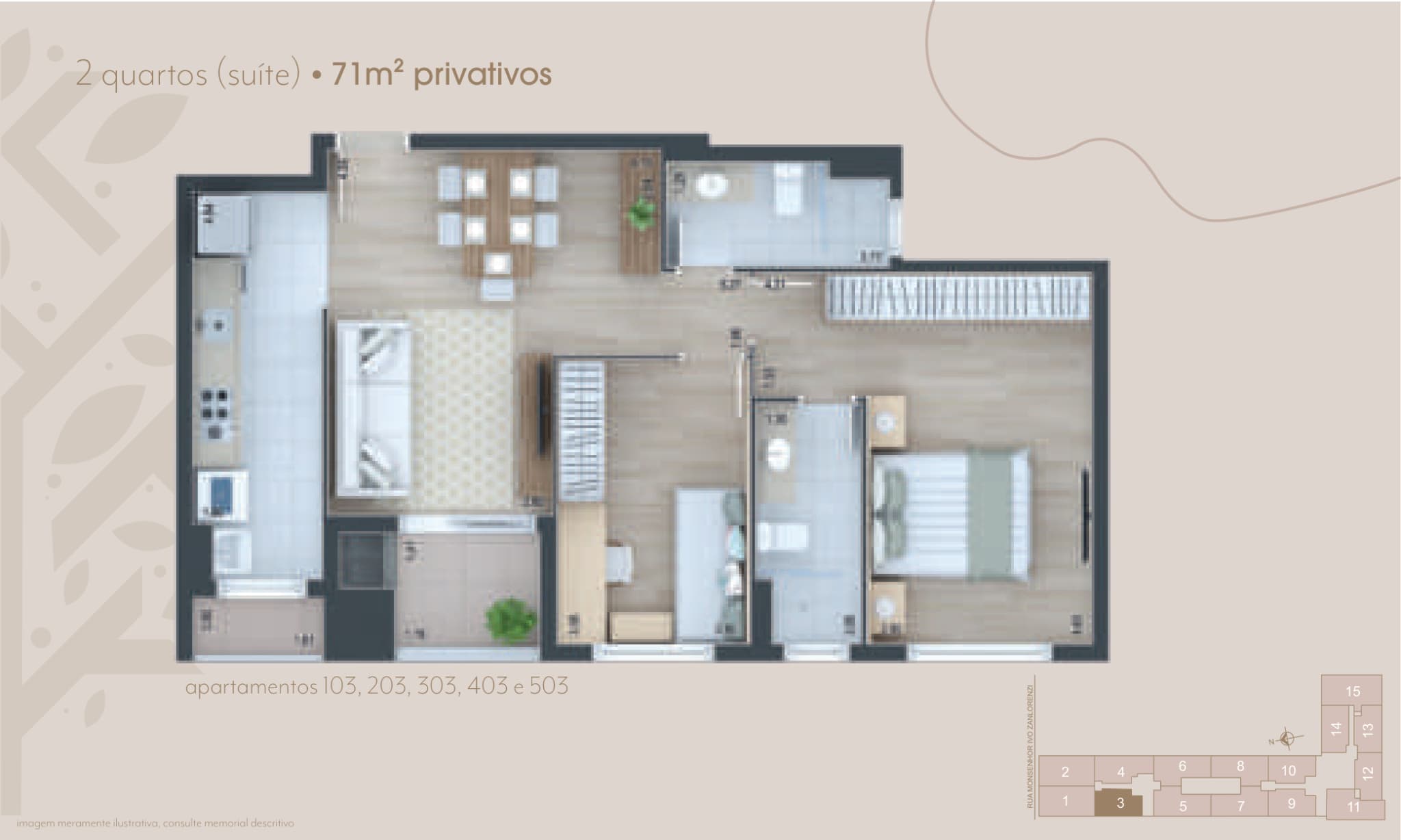 Planta da tipologia Apartamento 71,11 m²