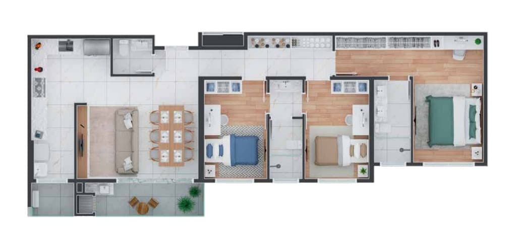 Planta da tipologia Apartamento 109 m² (3 quartos, 1 suíte)