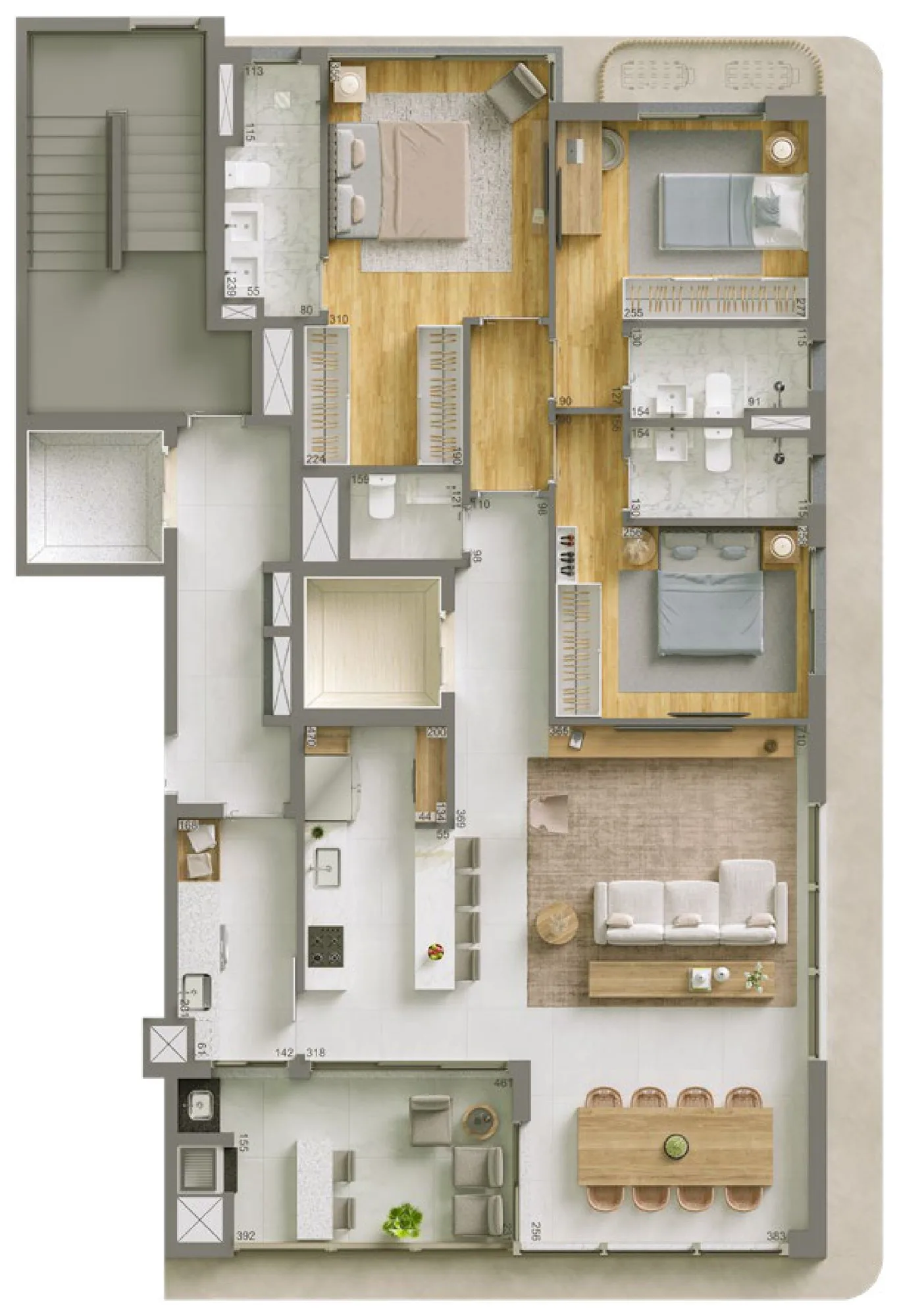 Planta da tipologia Torre Vercelli — Tipo · 136 m² · 3 suítes