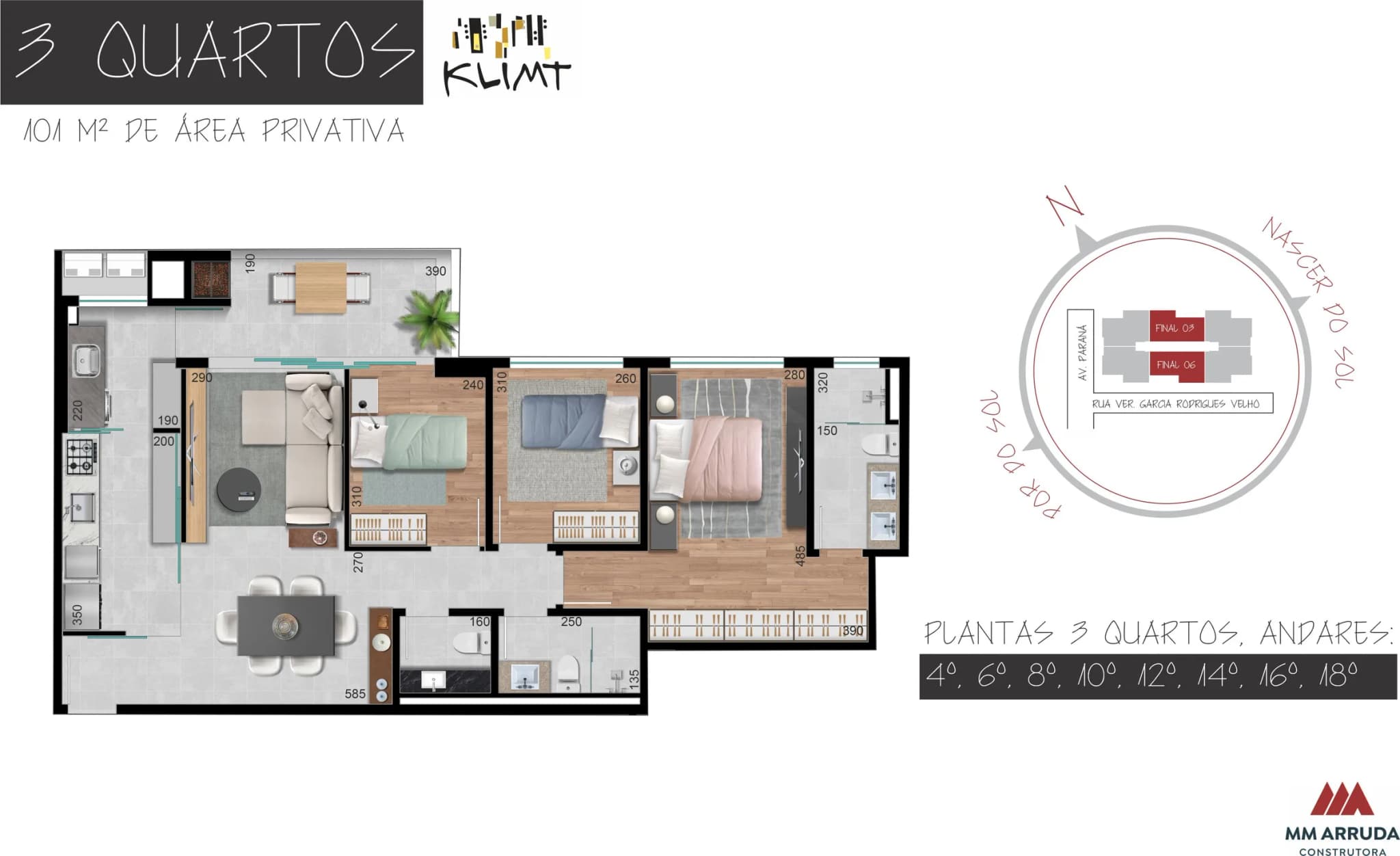 Planta da tipologia 3 quartos — finais 3 e 6 (andares pares)
