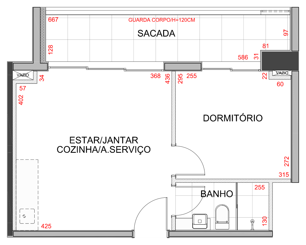 Planta da tipologia Apartamento 1 dorm. · 47 m²