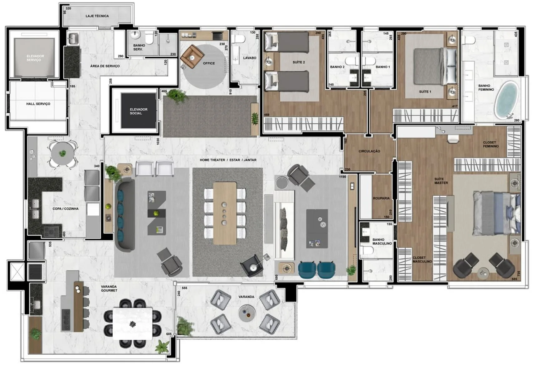 Planta da tipologia Planta Opção 1 — 3 suítes + office