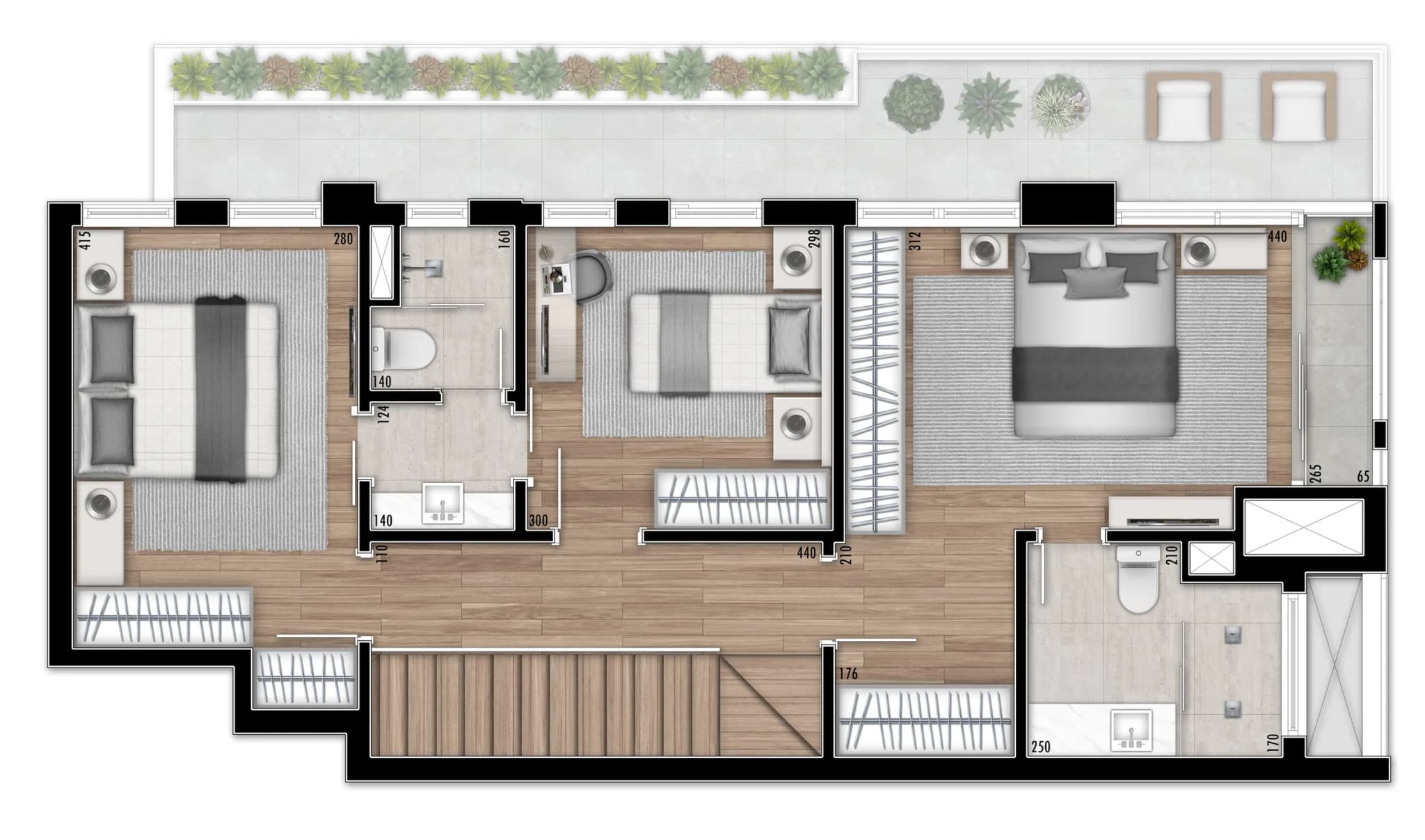 Planta da tipologia Cobertura Duplex · 134 m² privativos — Pavimento Inferior