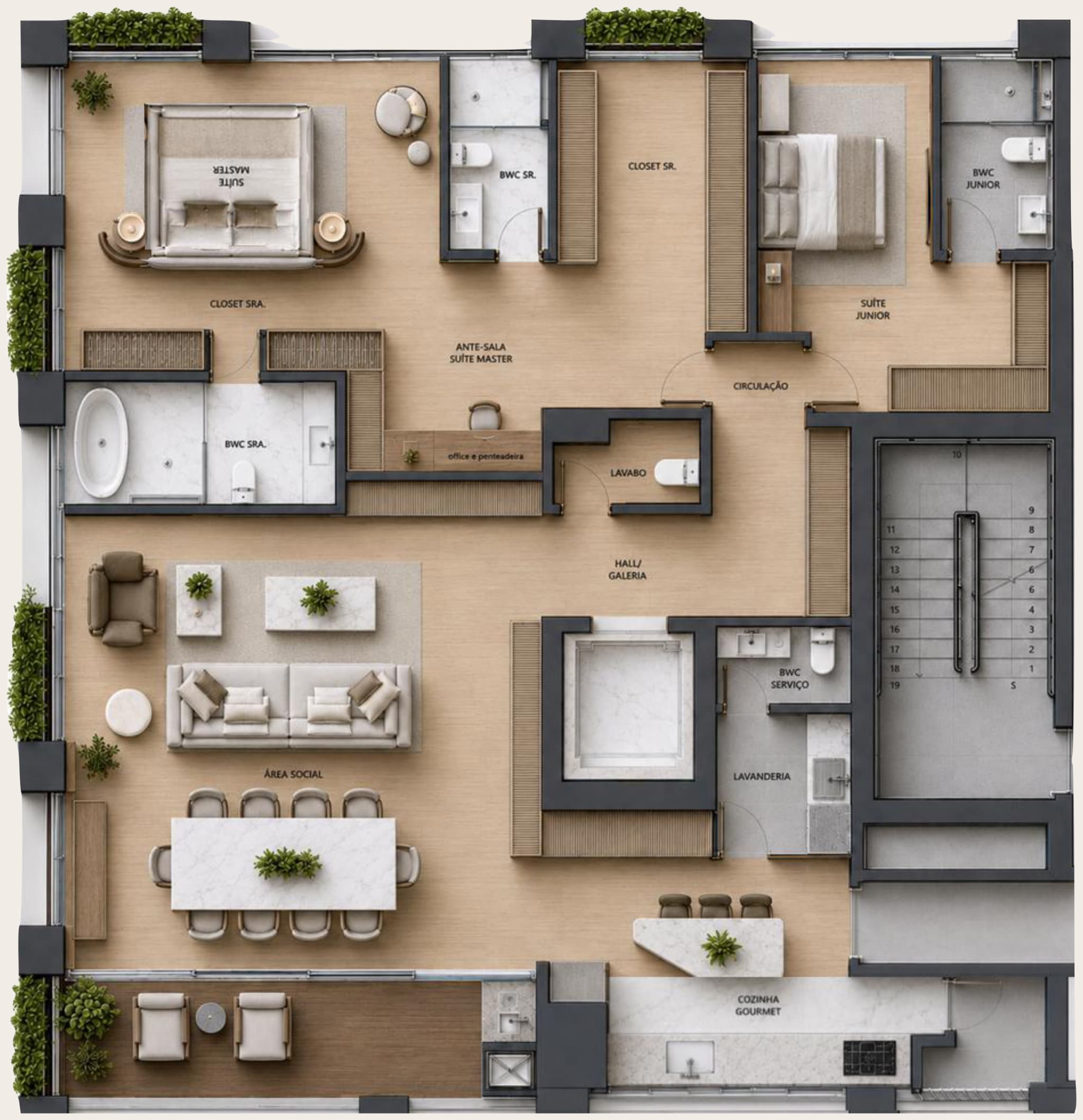 Planta da tipologia Unidade 201 — 242 m² (produto único)