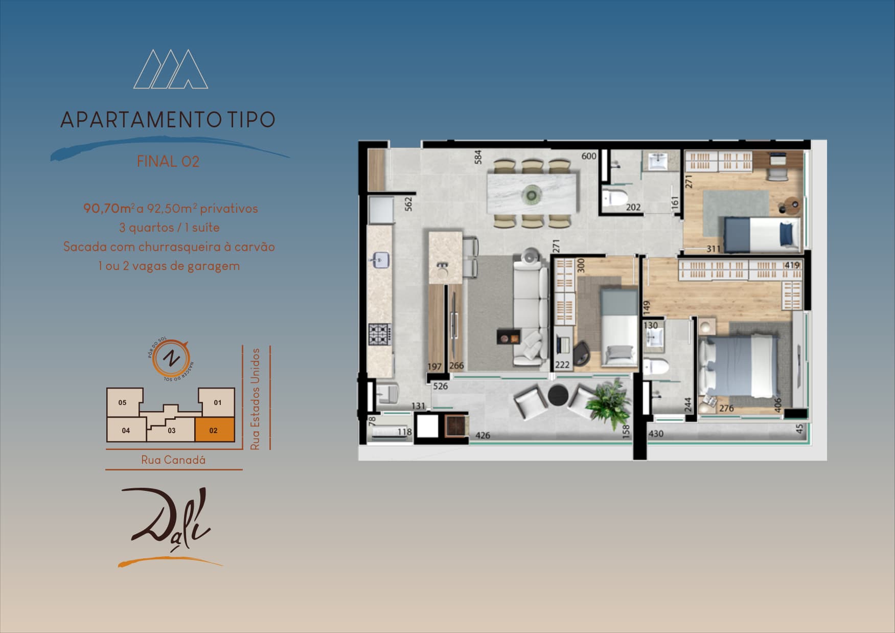 Planta da tipologia Apartamento Tipo 3 quartos — finais 02 e 04 — Final 02