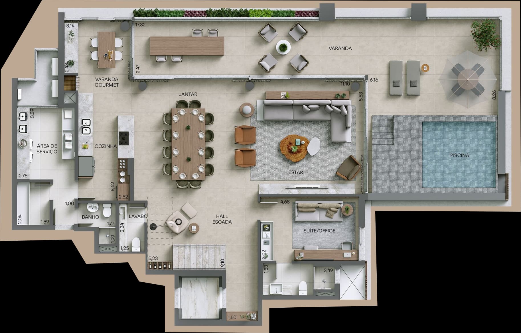 Planta da tipologia Cobertura 01 — 415 m² — Pavimento Inferior