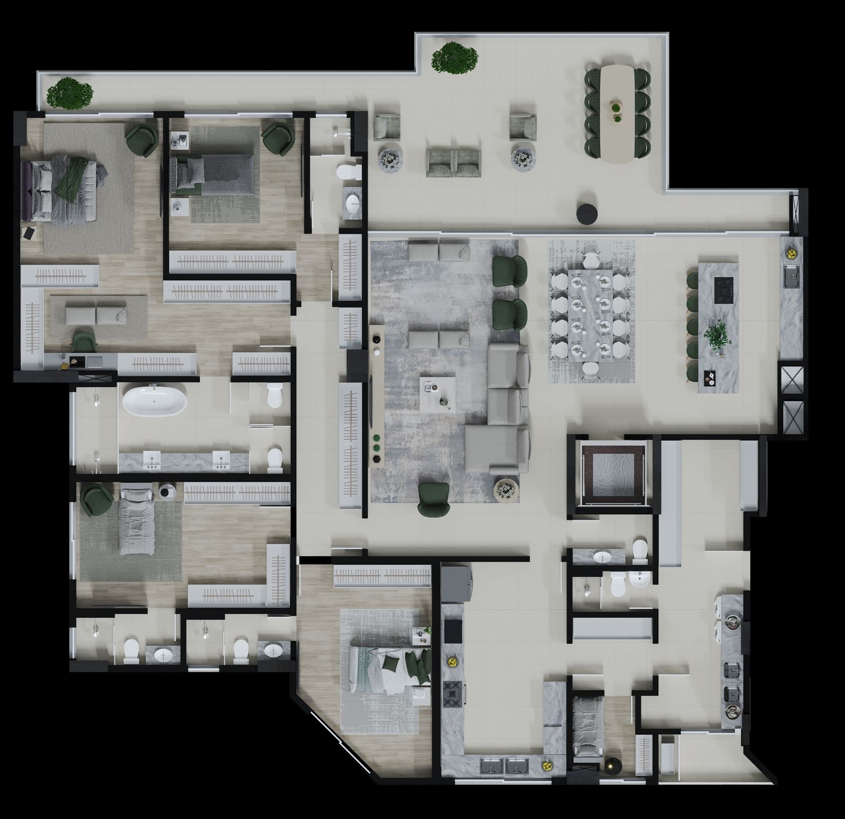 Planta da tipologia Apartamento 327 m² — 4 suítes (unidade 302)
