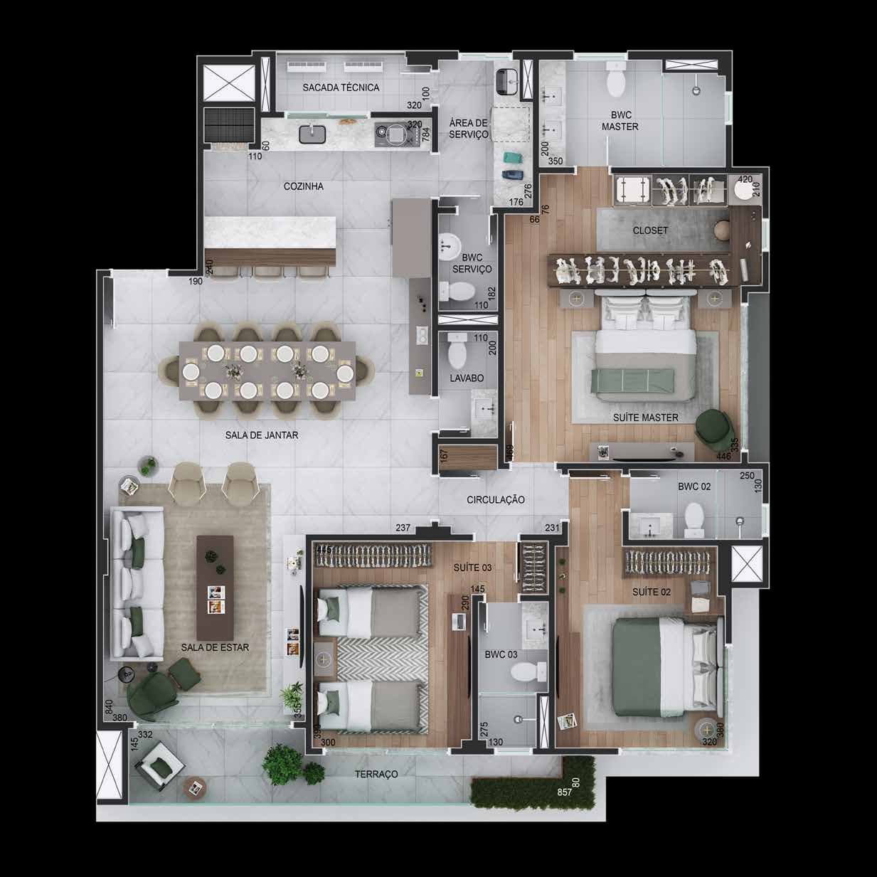 Planta da tipologia Apartamento 161 m² — 3 suítes (unidade 201, decorada)