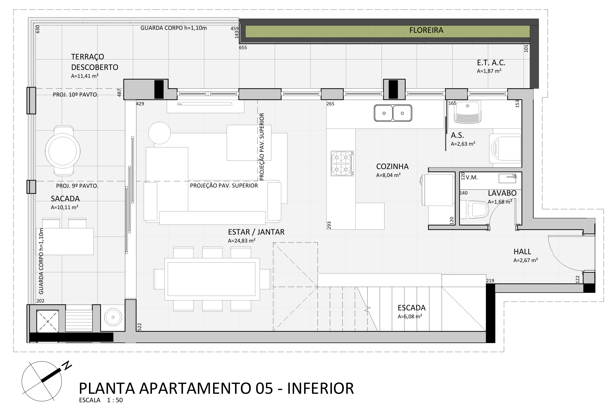 Planta da tipologia Apartamento Duplex · 134 m² privativos — Pavimento Inferior (social)