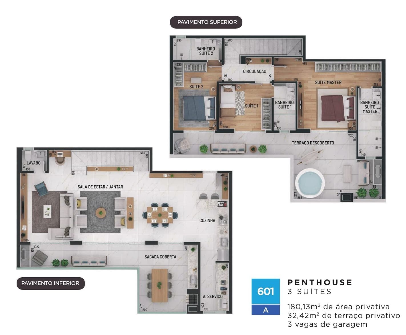Planta da tipologia Cobertura Duplex 180,13 m2 — Pavimento Inferior