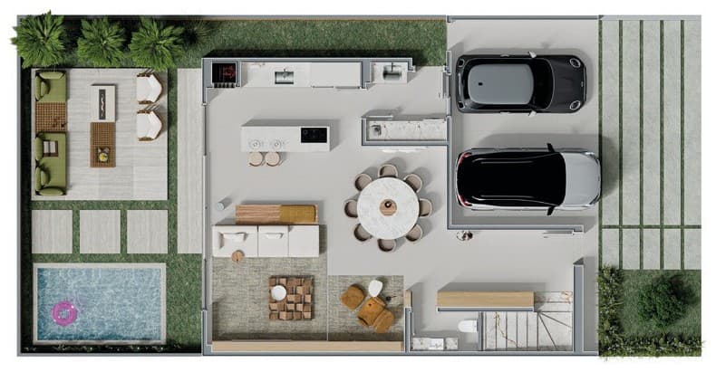 Planta da tipologia Casa Tipo A — 201,53 m² — Pavimento inferior