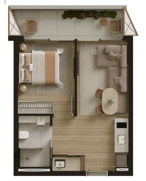 Planta da tipologia Tipo B — 1 quarto (42 unidades) · 48,23 m²