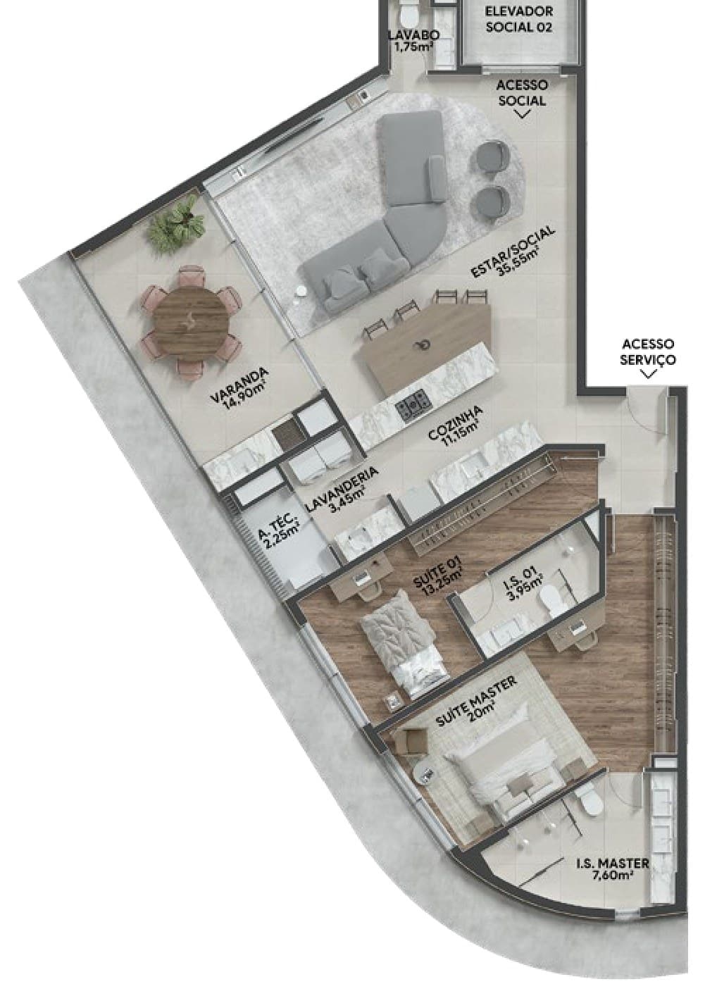 Planta da tipologia Apartamento 134 m²