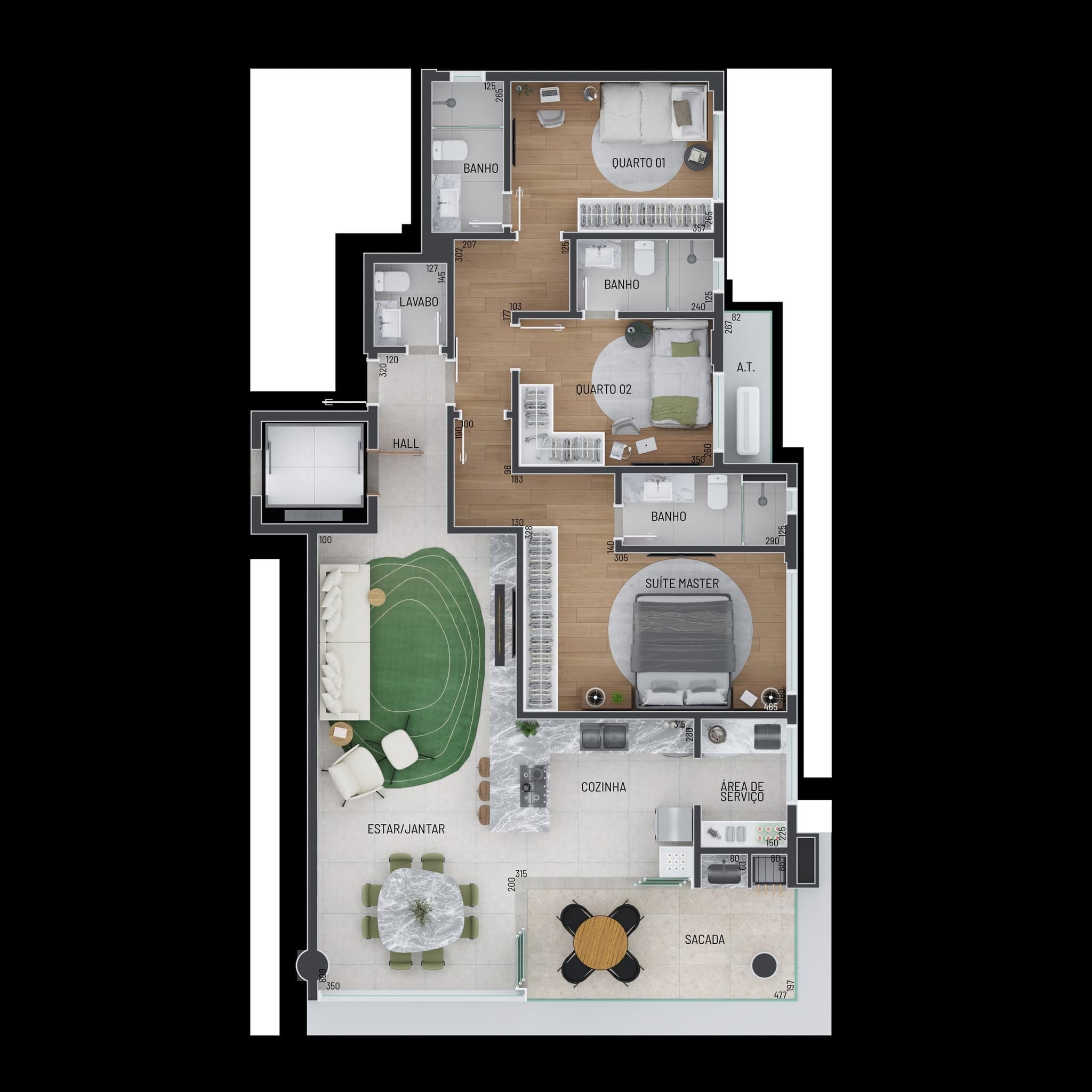 Planta da tipologia Apartamento Tipo — 3 suítes