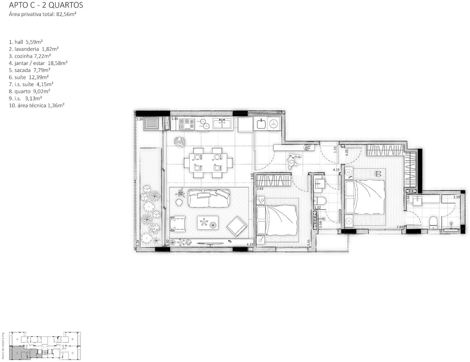 Planta da tipologia Apartamento Tipo C 82 m²