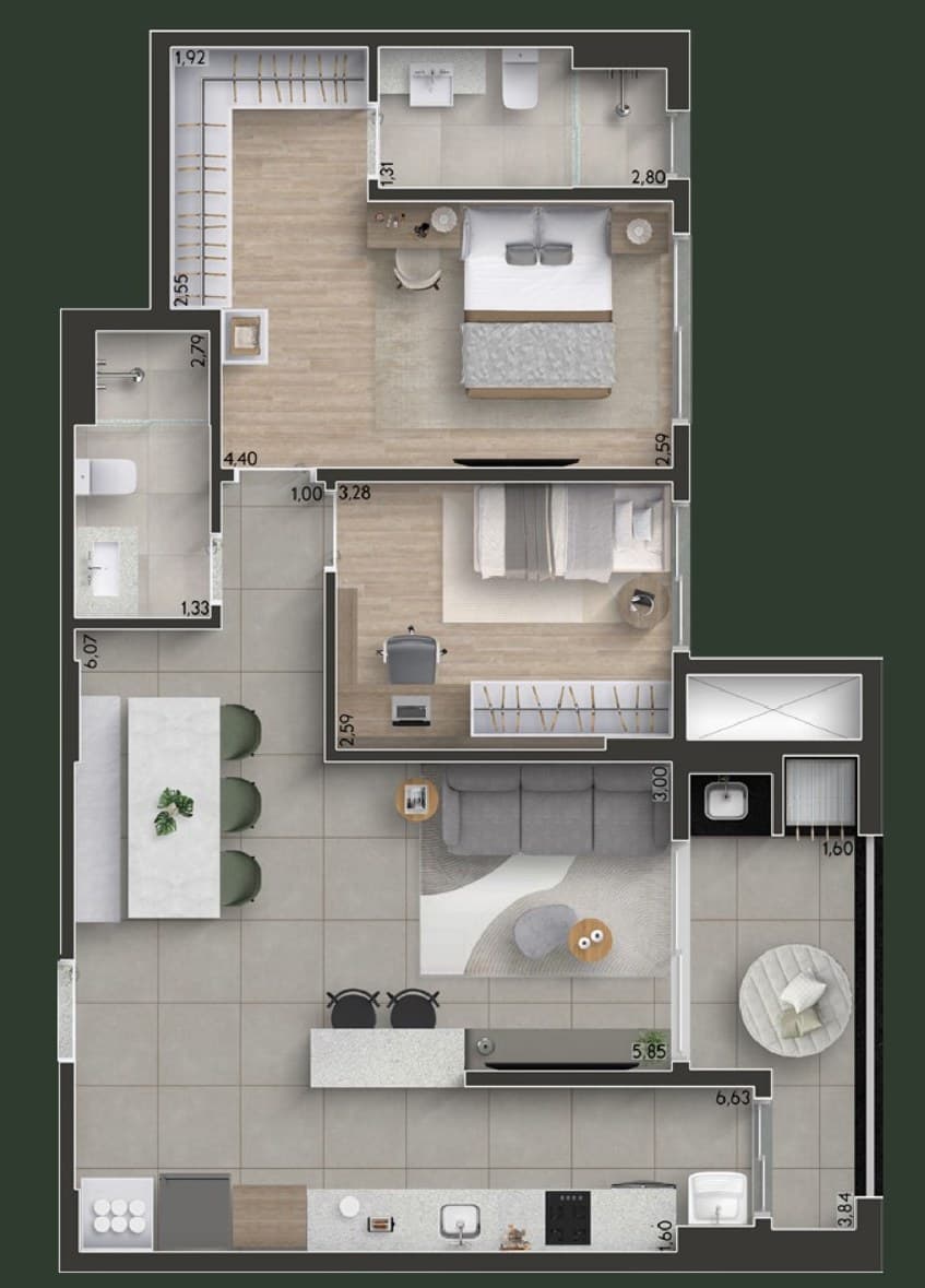 Planta da tipologia 2 Dormitórios, 1 Suíte — 83 m² (Torre 1)