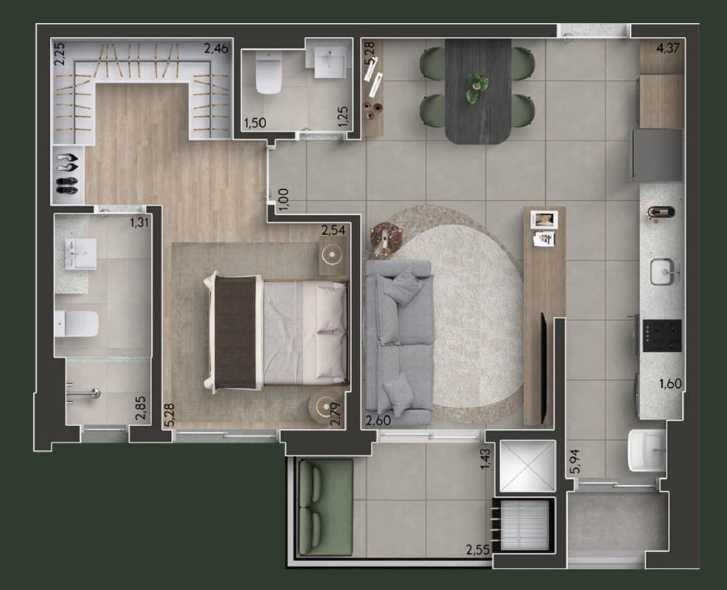 Planta da tipologia 1 Suíte — 58 m² (Torre 3)