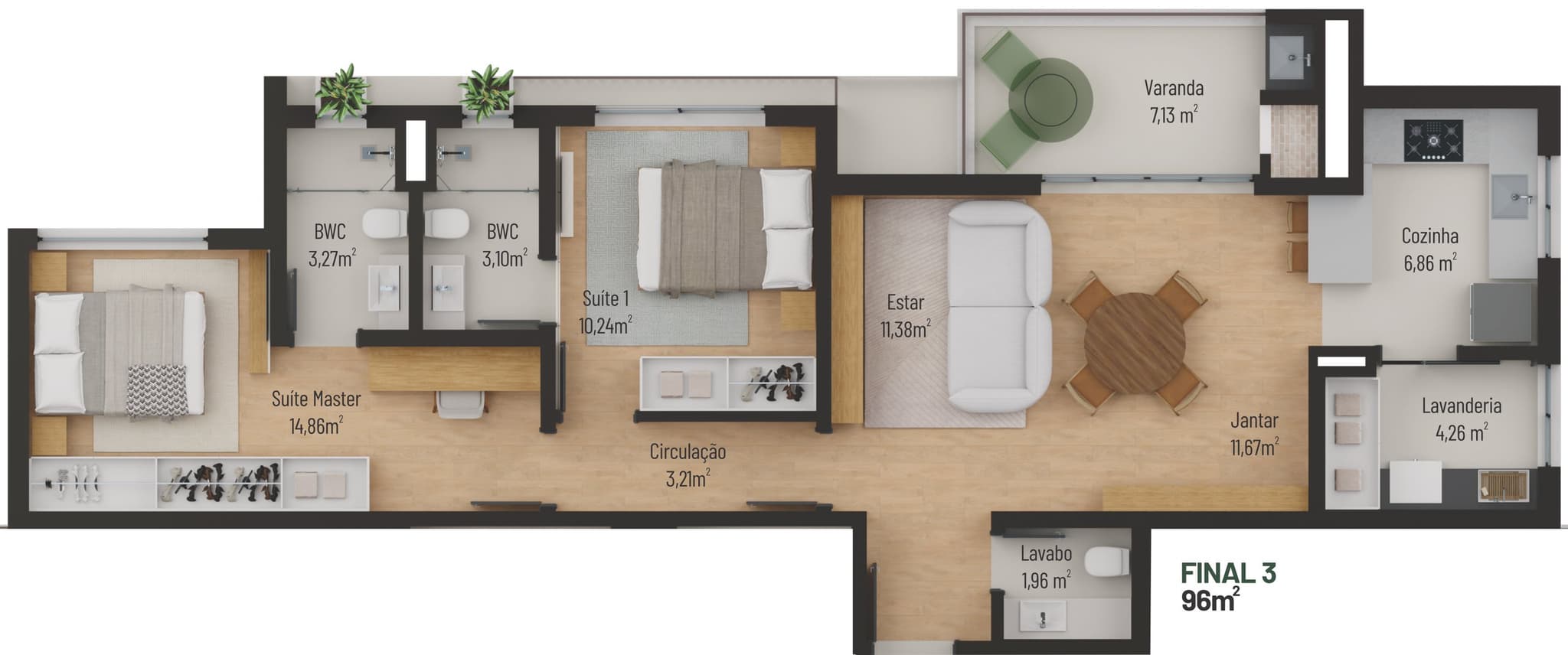 Planta da tipologia Planta 03 — 2 suítes, 96,16 m²