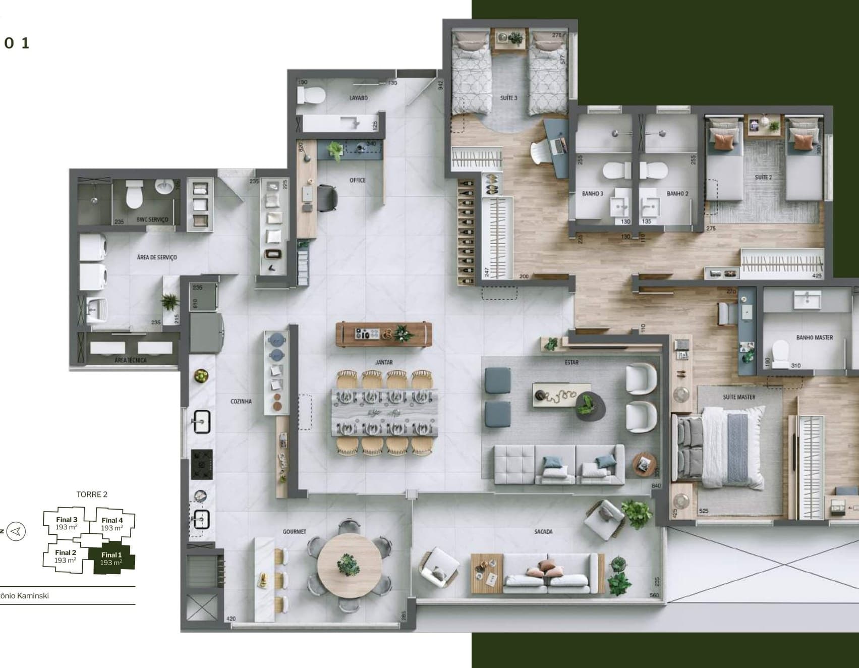 Planta da tipologia Apartamento Tipo 193m² — Opção 01