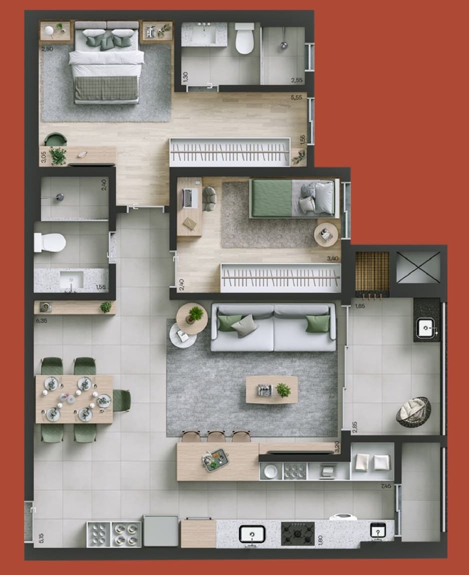 Planta da tipologia Torre 1 — Final 06 — 85 m² (2 dorm, 1 suíte)