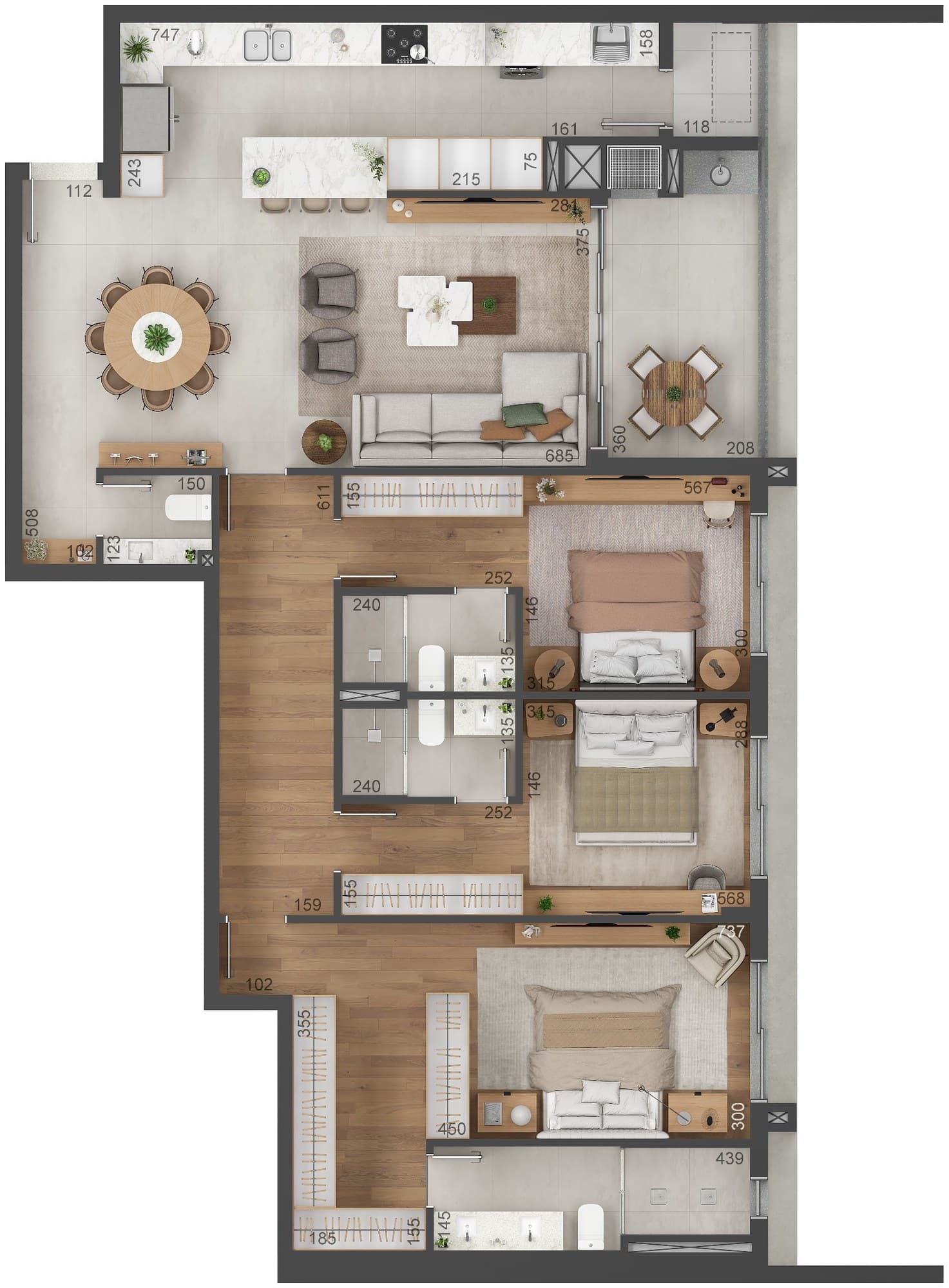 Planta da tipologia Aria — Apartamento 151,62 m² · 3 suítes
