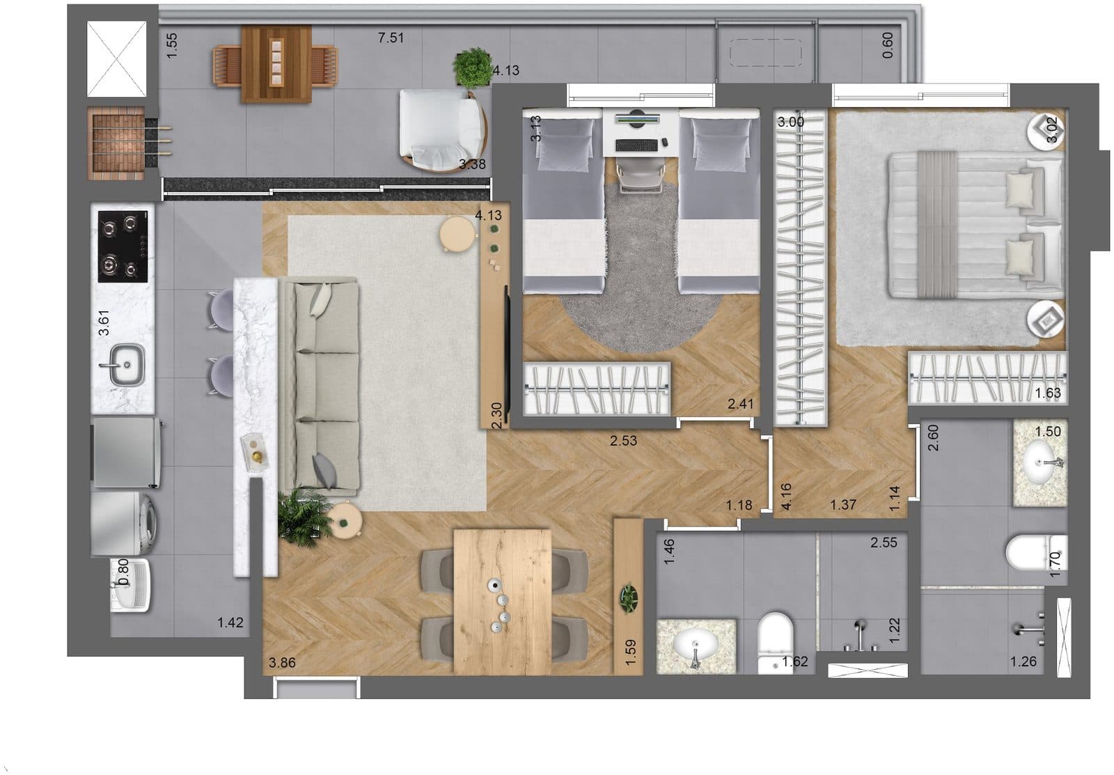 Planta da tipologia Apartamento 2 dormitórios (1 suíte) · 68 m²
