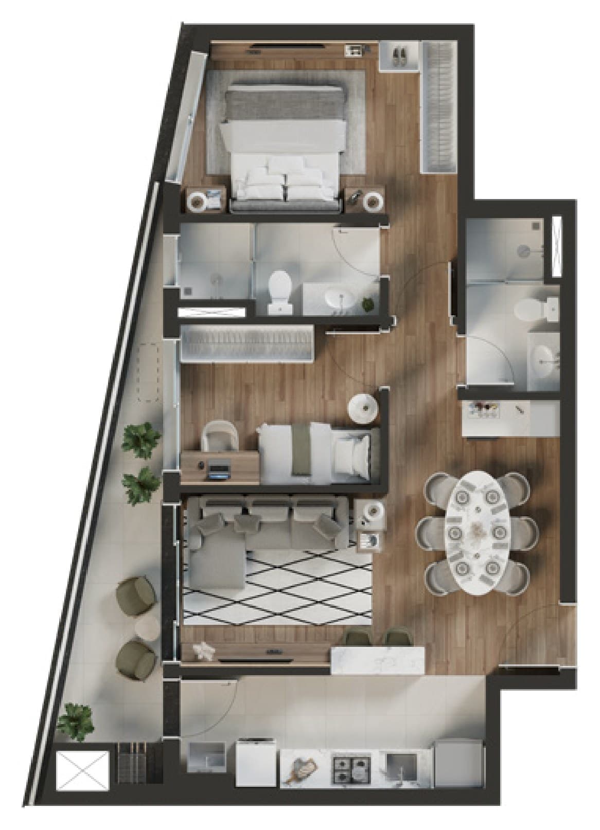 Planta da tipologia Apartamento 2 dorm. (1 suíte) · 72 m²