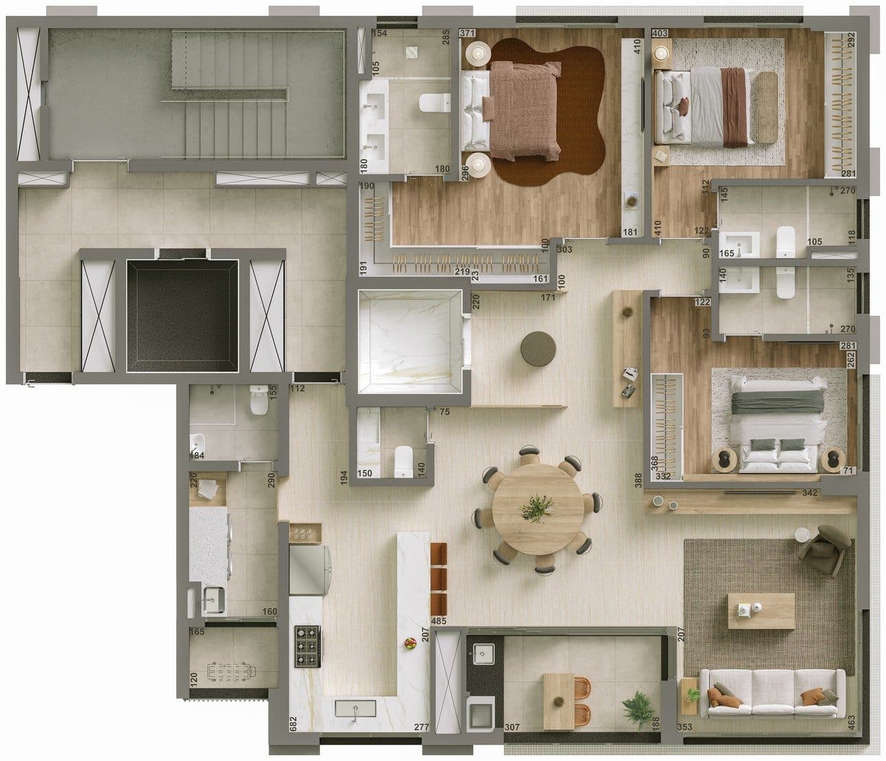 Planta da tipologia Apartamento Torre B · 162 m² · 3 suítes